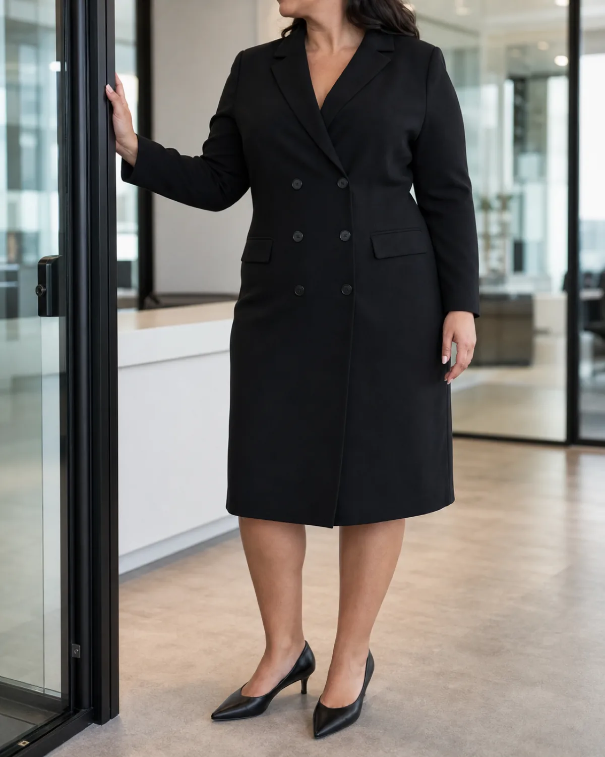 A plus-size woman in a black double-breasted blazer dress with structured shoulders and a notched lapel, standing beside a glass office door in a reception area