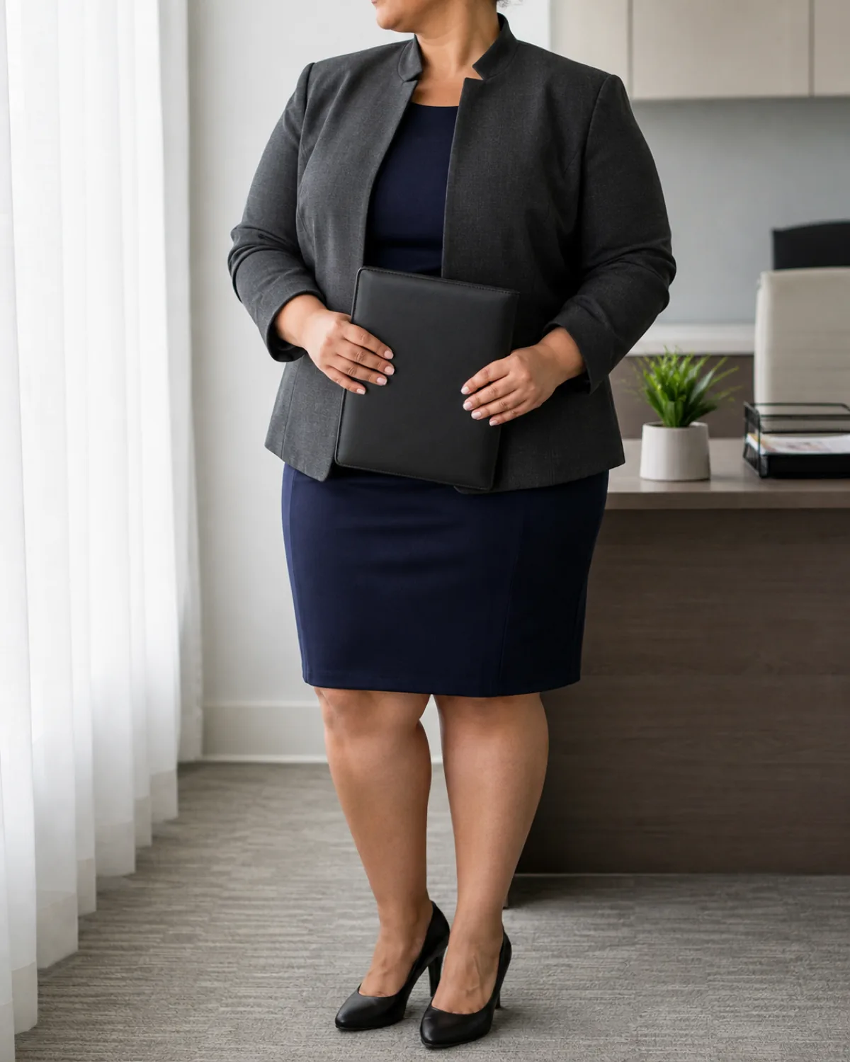 A plus-size woman standing near a window with sheer curtains in a healthcare office, wearing a charcoal collarless blazer over a fitted navy sheath dress, holding a leather portfolio at waist level
