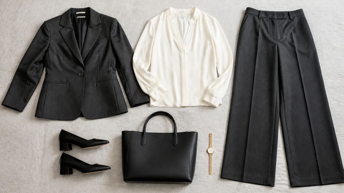 Flat lay of a charcoal single-button blazer, cream silk blouse, charcoal wide-leg trousers, black pointed-toe pumps, a black leather tote, and a gold watch on pale grey linen