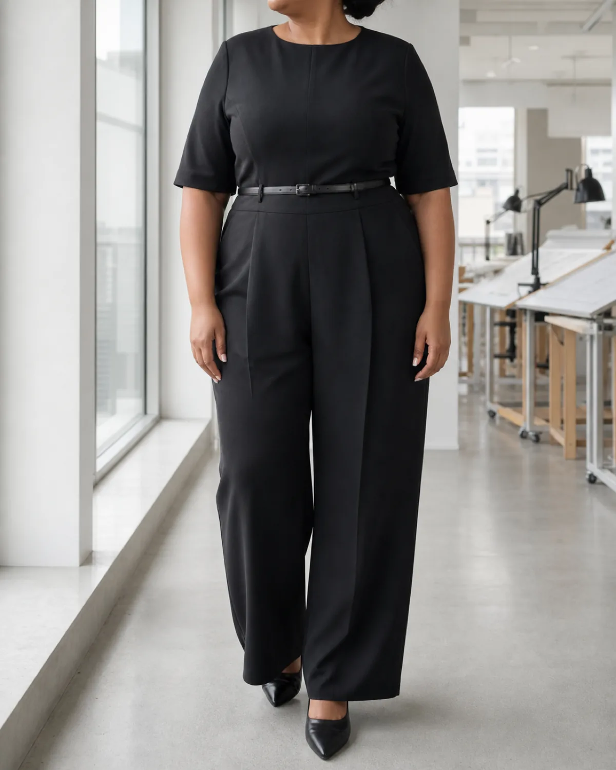 A plus-size woman standing in a bright architecture studio with drafting tables behind her, wearing a black tailored wide-leg jumpsuit with a defined waist seam and a thin black leather belt, with black pointed-toe mules