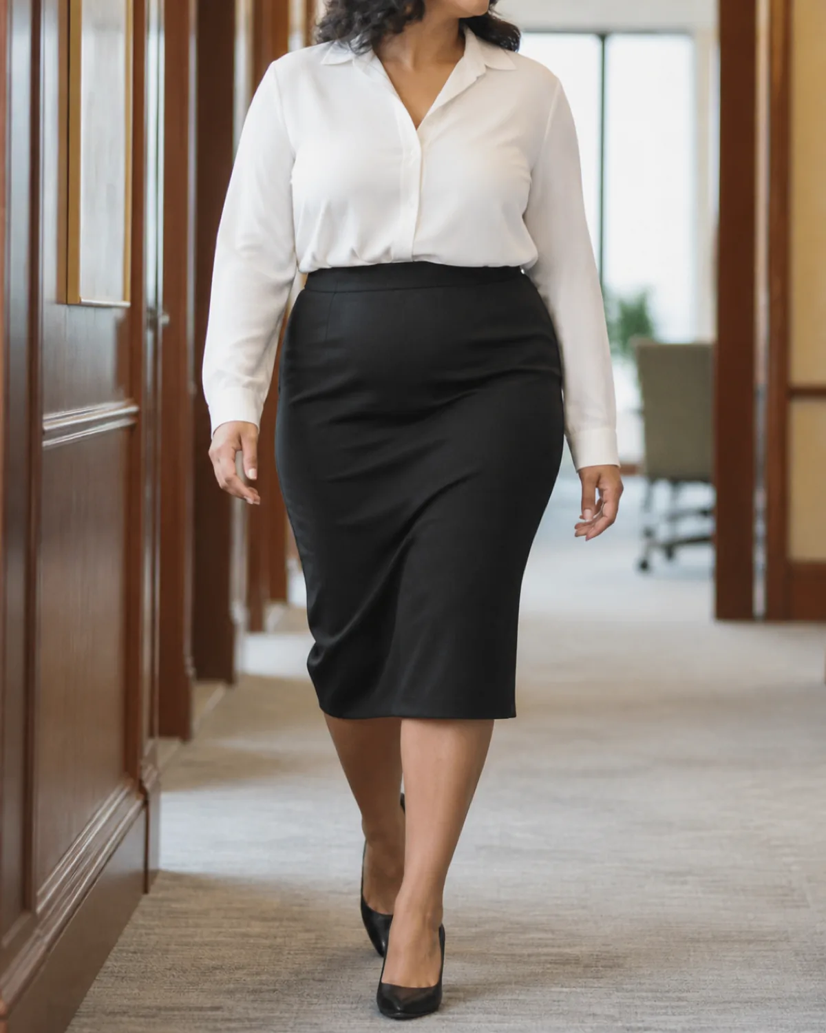 A plus-size woman walking in a law firm corridor wearing a black below-knee pencil skirt with a tucked white silk blouse and black closed-toe pumps