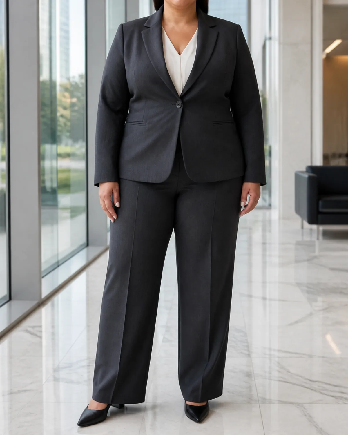 A plus-size woman in a charcoal single-button blazer with princess seams over a cream silk blouse and charcoal wide-leg trousers, standing in a bright office lobby