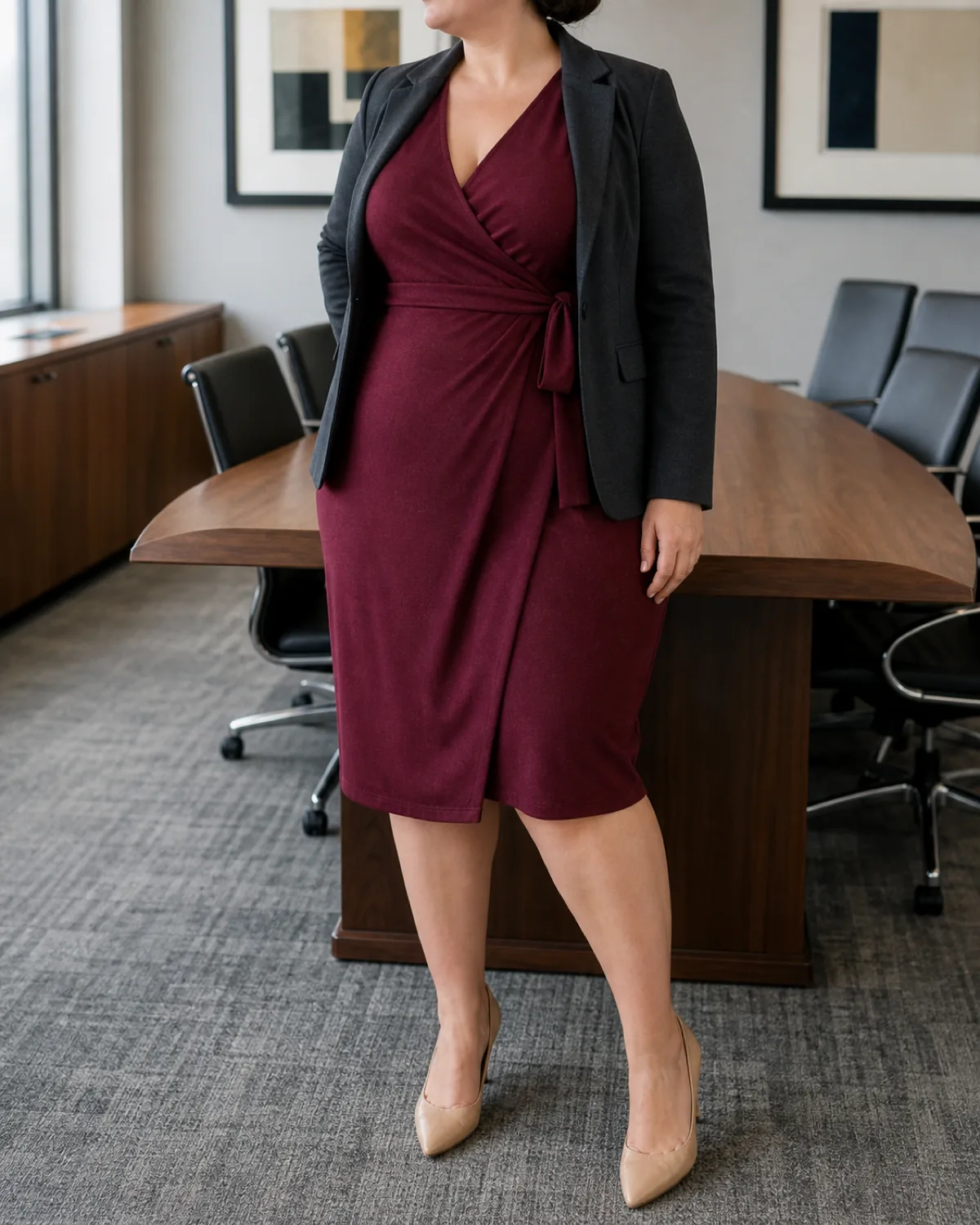 A plus-size woman in a deep burgundy wrap knit dress with a visible waist tie under a fitted charcoal blazer, standing in a polished conference room