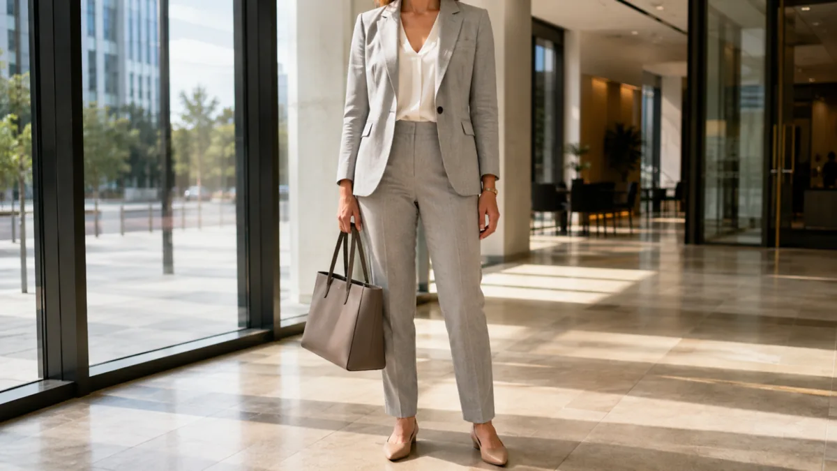A woman in a light grey summer-weight suit standing in a modern glass office lobby, holding a structured leather tote