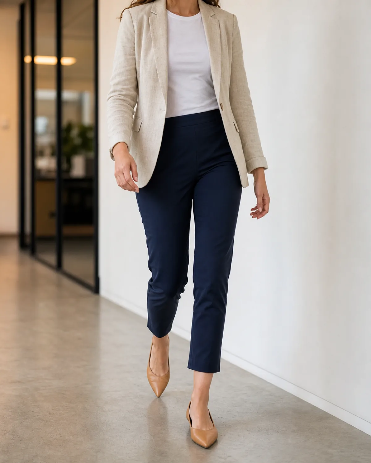 A woman walking mid-stride in an oatmeal linen-blend blazer and navy ankle trousers