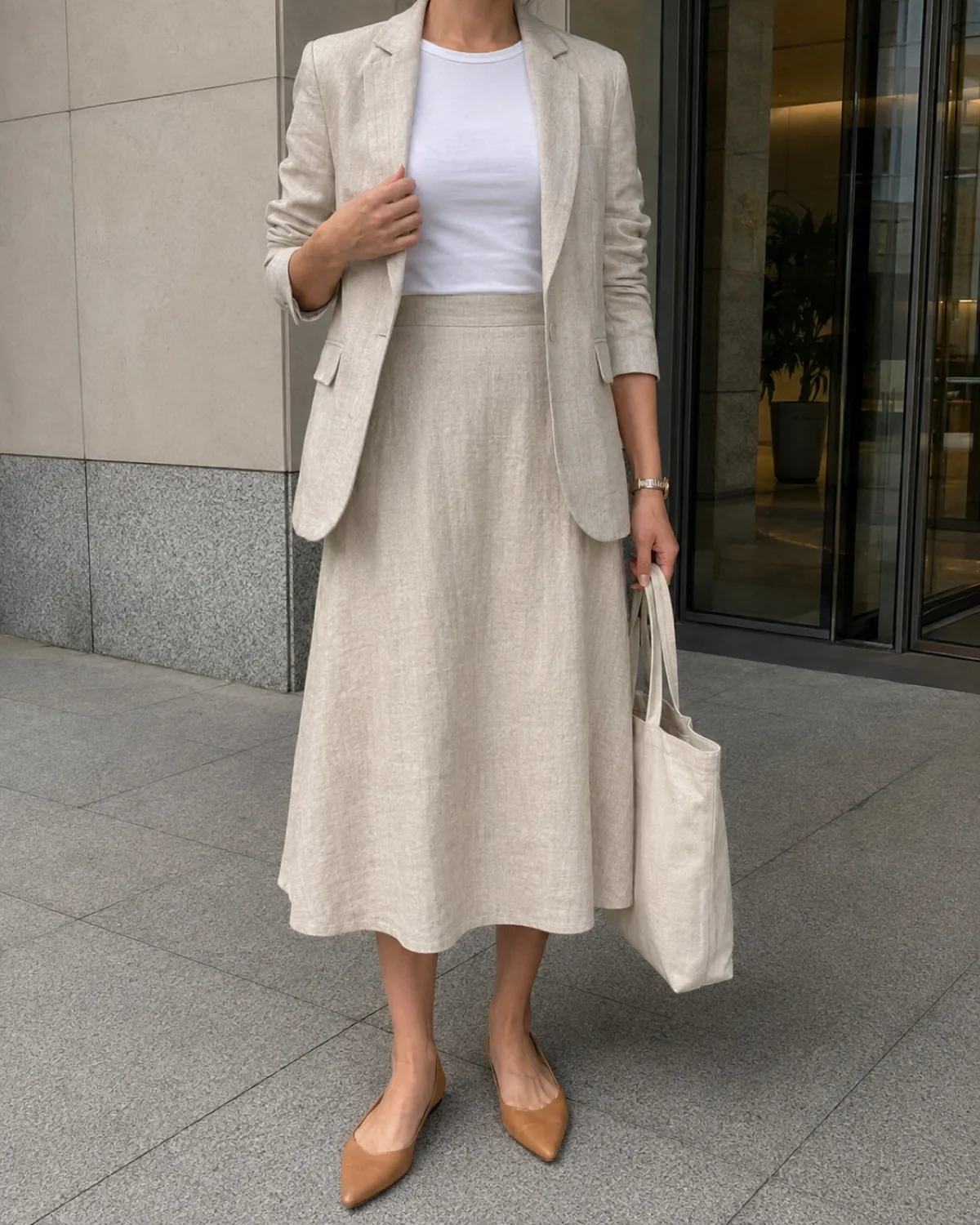 A woman in a natural linen midi skirt, white tee, and oatmeal blazer on a city sidewalk