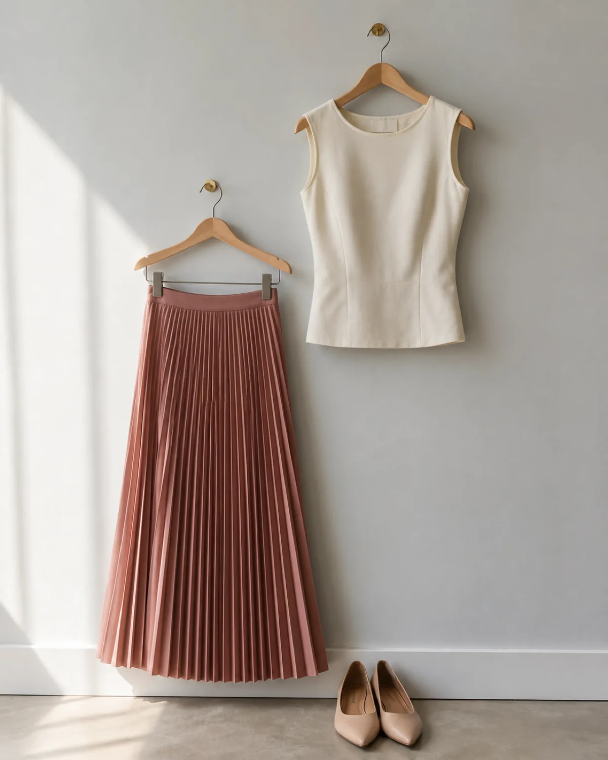 A dusty rose accordion-pleated midi skirt and a cream sleeveless shell hanging on wooden hangers against a light wall