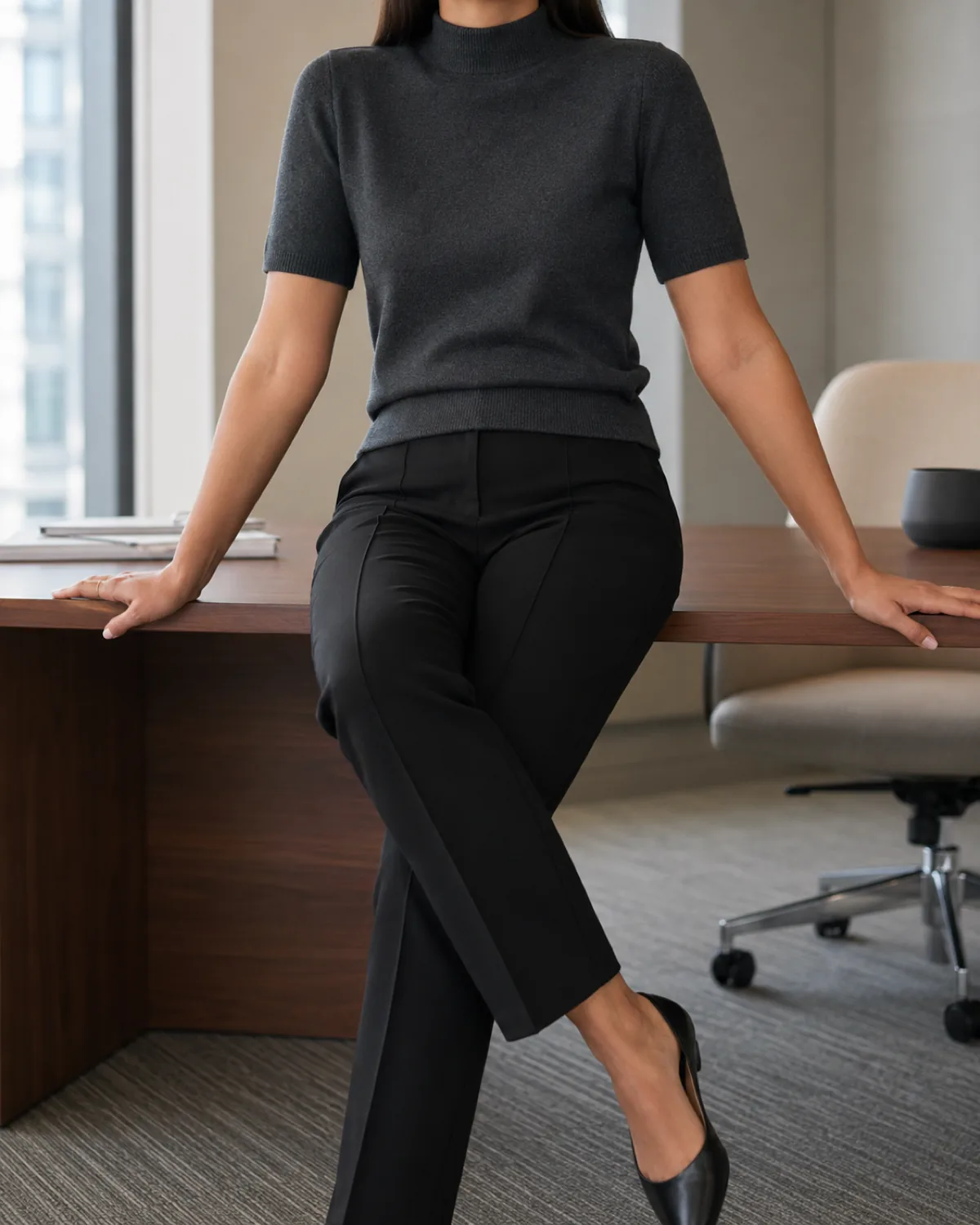 A woman seated at a desk edge in black ponte knit trousers and a charcoal mock-neck knit top