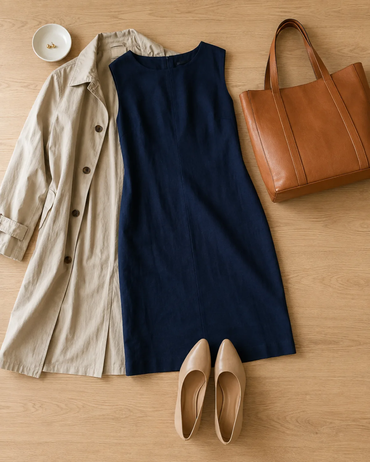 Flat-lay of a navy shift dress, stone cotton trench coat, nude flats, tan tote, and gold stud earrings on a wood surface