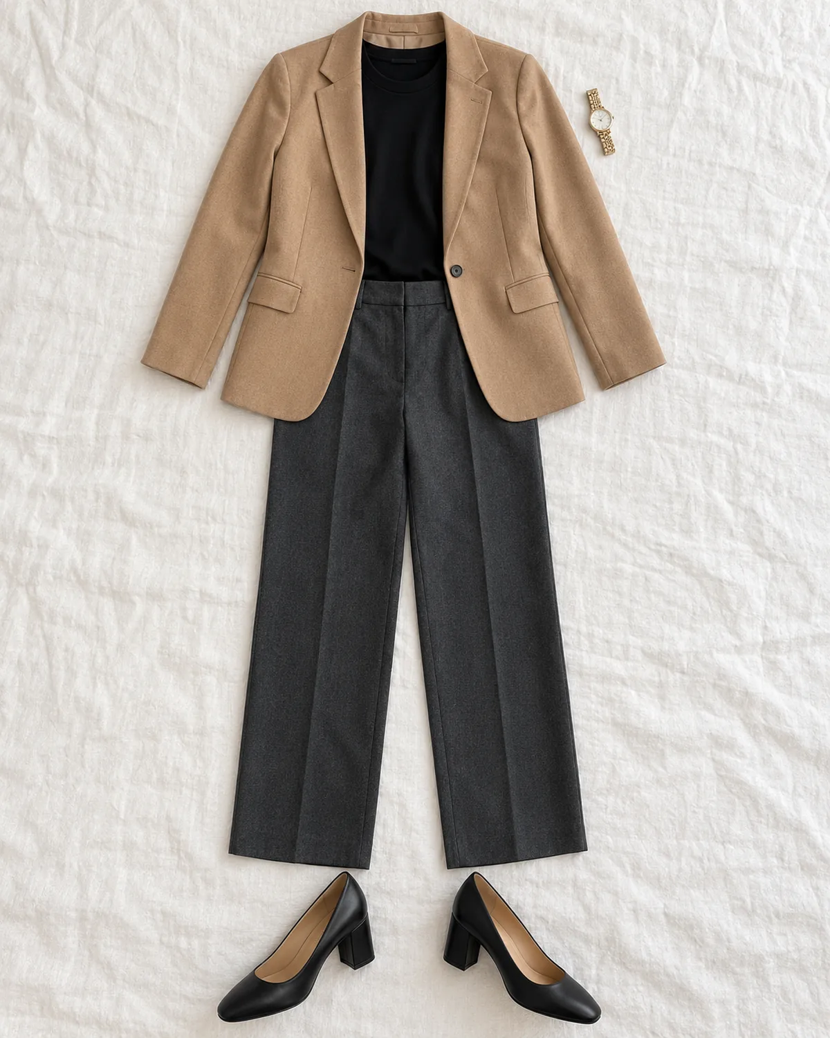 Overhead flat-lay of a camel blazer, black shell top, dark charcoal trousers, black block-heel pumps, and a gold watch on a white linen surface