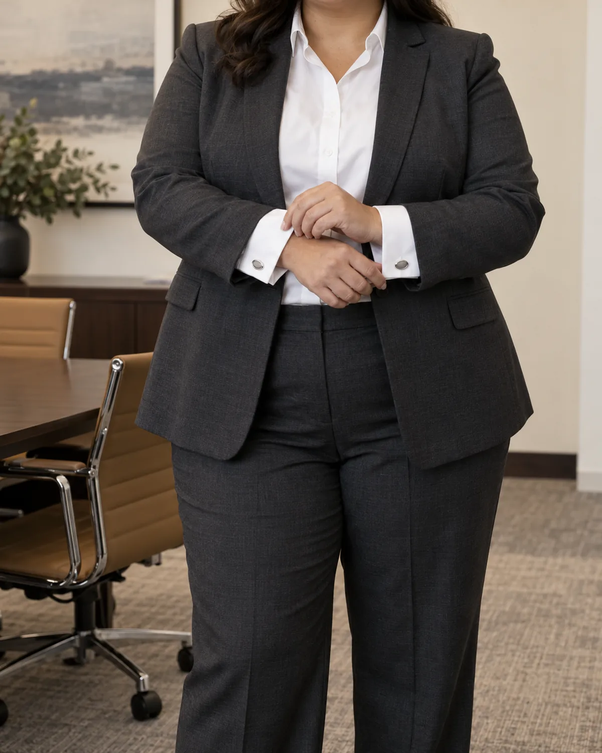 A plus size woman shown in a mid-torso crop adjusting a French cuff on a white blouse under a charcoal suit jacket