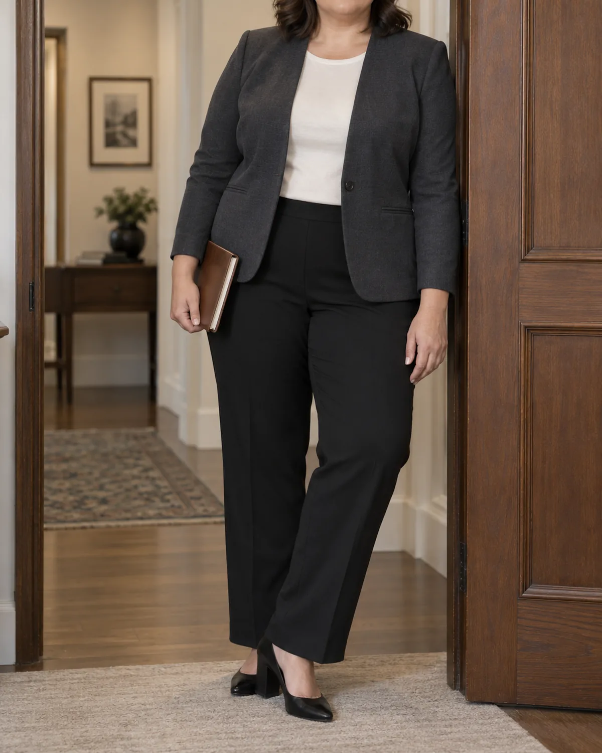 A plus size woman leaning one shoulder against a doorway frame in dark ponte trousers and a collarless blazer