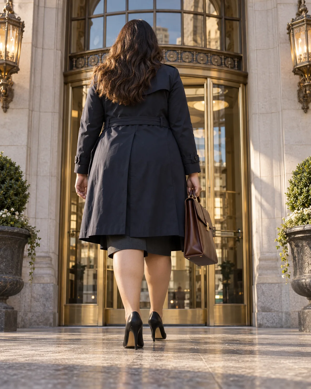 A plus size woman seen from behind at a low angle walking toward the entrance of a stone building wearing a knee-length dark trench coat and carrying a structured leather bag