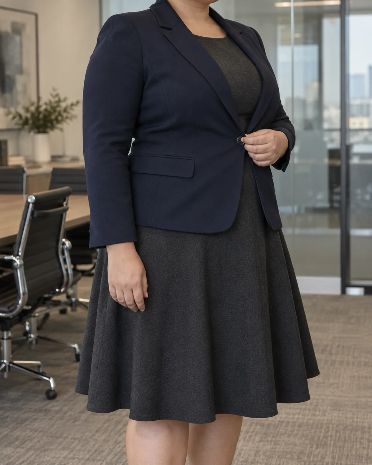 A plus size woman shown in a mid-torso crop from the side with hands on a jacket button, wearing a fit-and-flare dress under a structured dark jacket