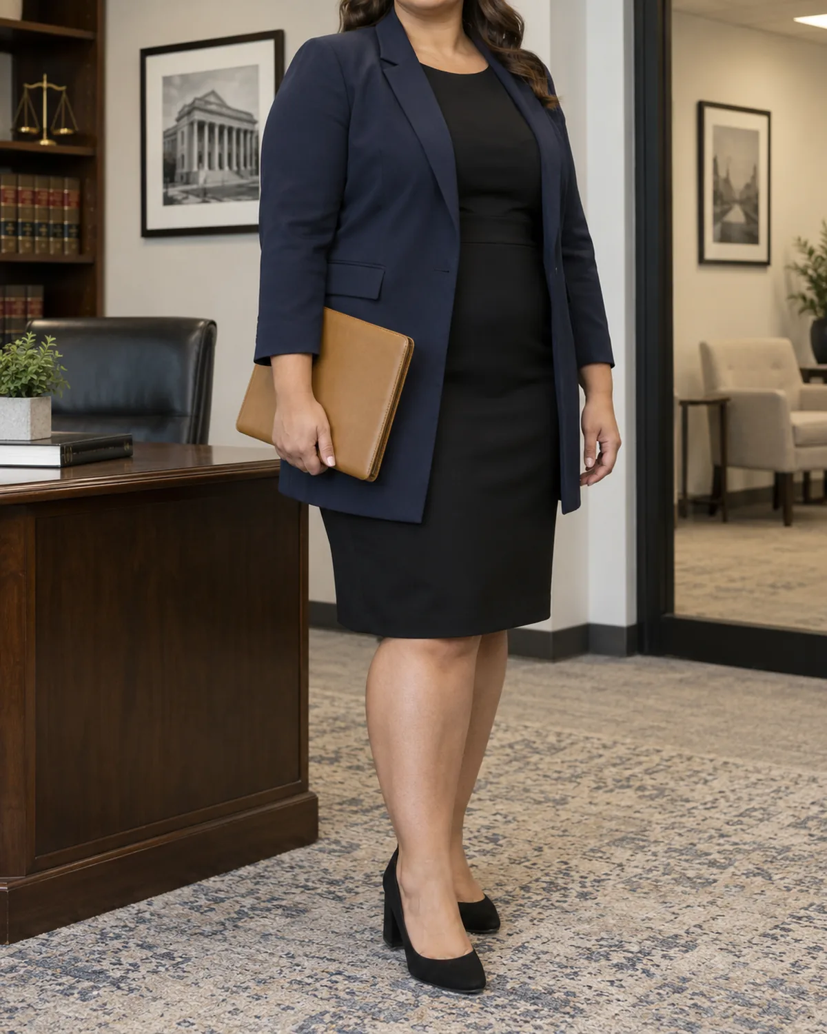 A plus size woman standing straight-on with a slight angle from the right, wearing a longline navy blazer over a dark column dress and holding a leather folio in one hand