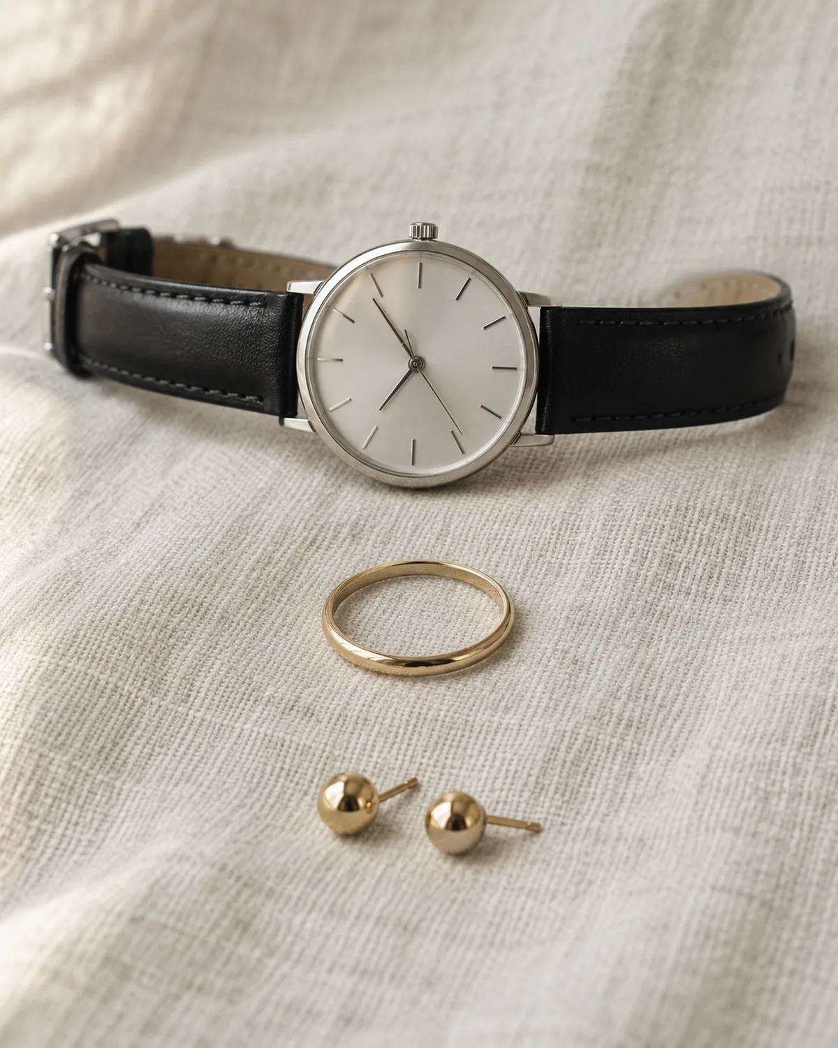 Flat-lay macro detail of a gold watch, a simple gold ring, and stud earrings on a linen surface