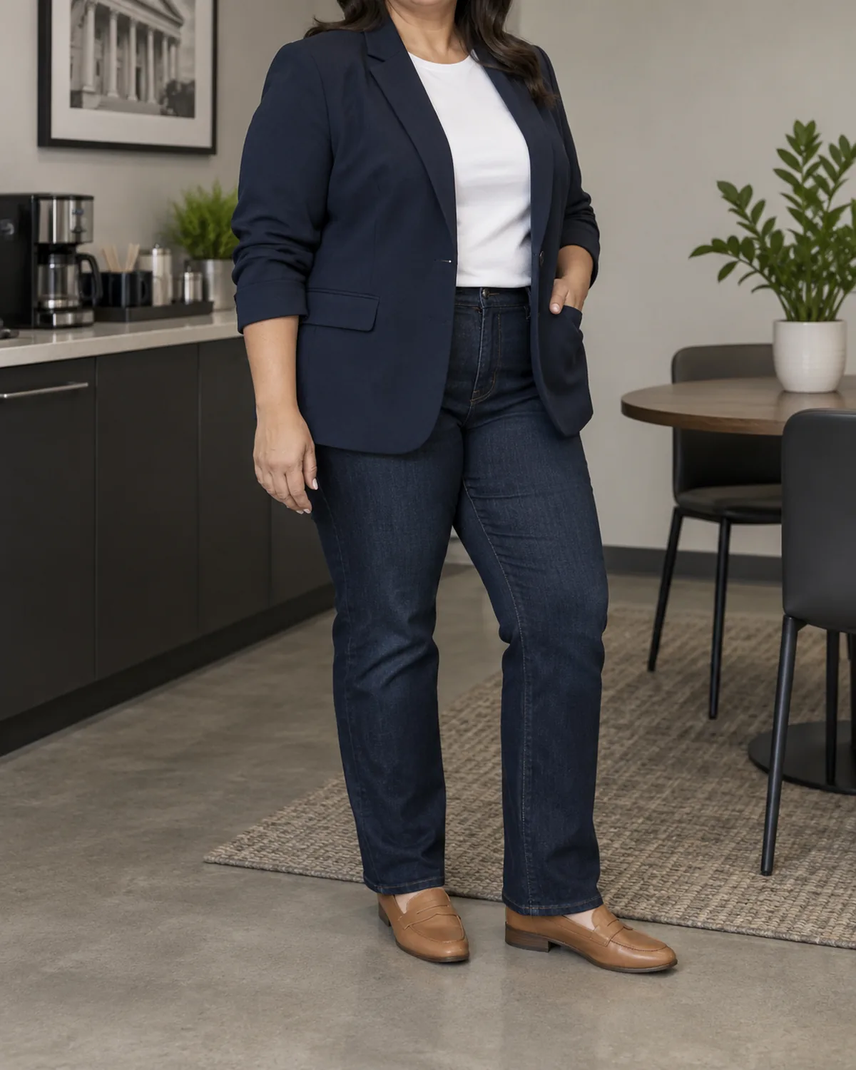 A plus size woman in a three-quarter turn from the right side wearing a navy blazer over a white tee and dark tailored jeans with black loafers