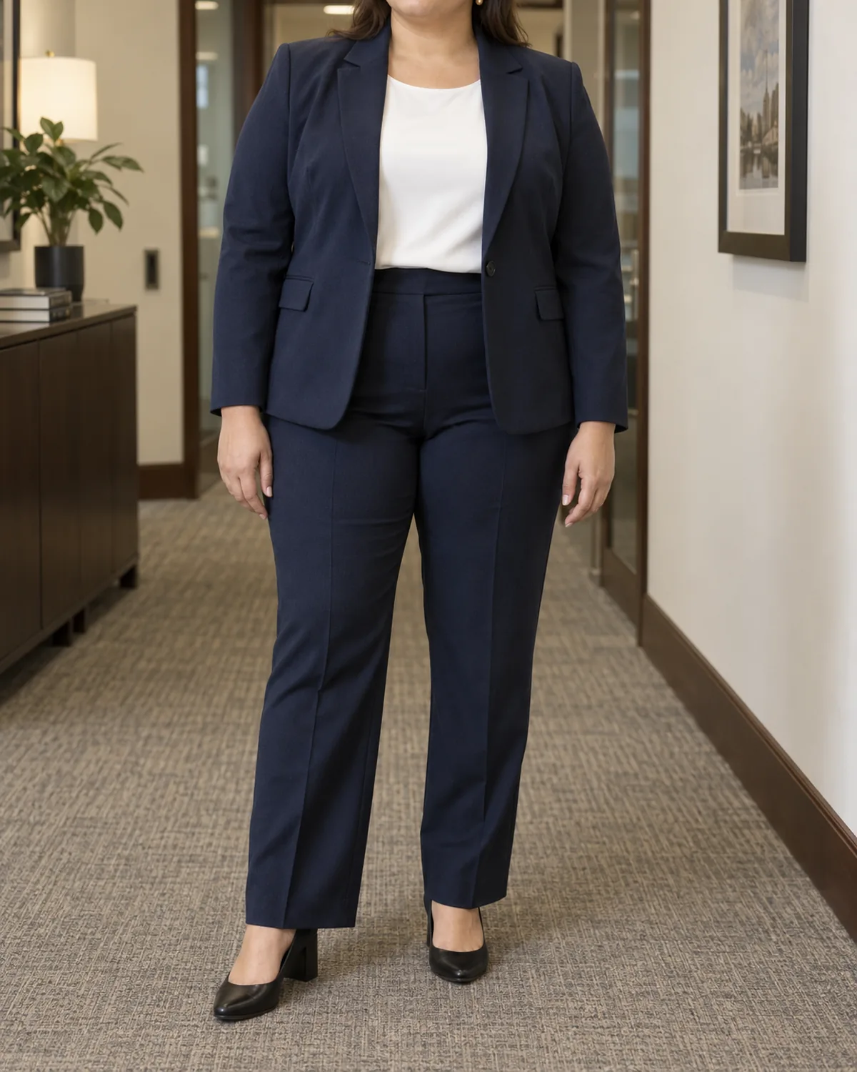 A plus size woman standing straight-on in a navy pantsuit and white shell top with black closed-toe pumps in a law office corridor