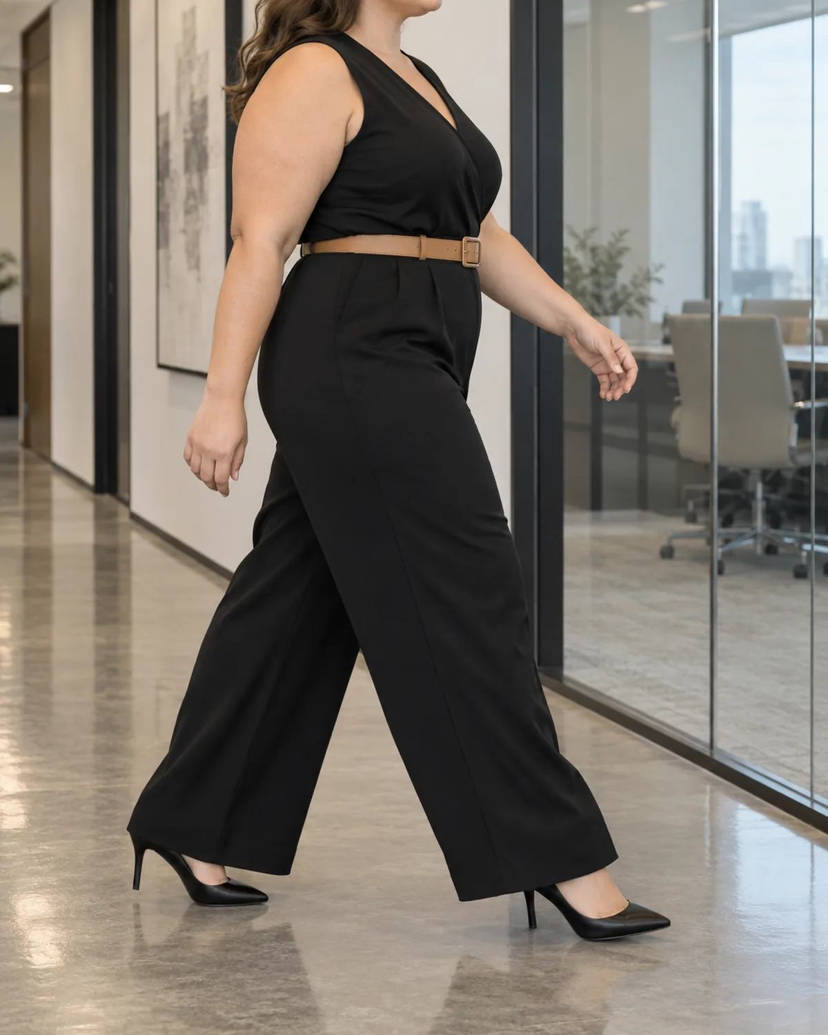 A plus size woman in profile walking mid-stride in a dark V-neck ponte jumpsuit with a leather belt at the waist