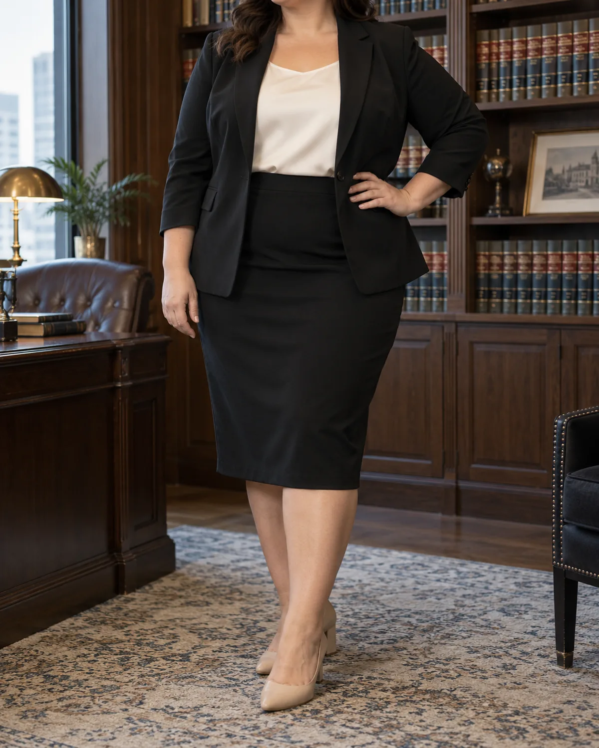 A plus size woman in a three-quarter turn wearing a black relaxed-shoulder blazer over a ponte midi skirt with black pumps