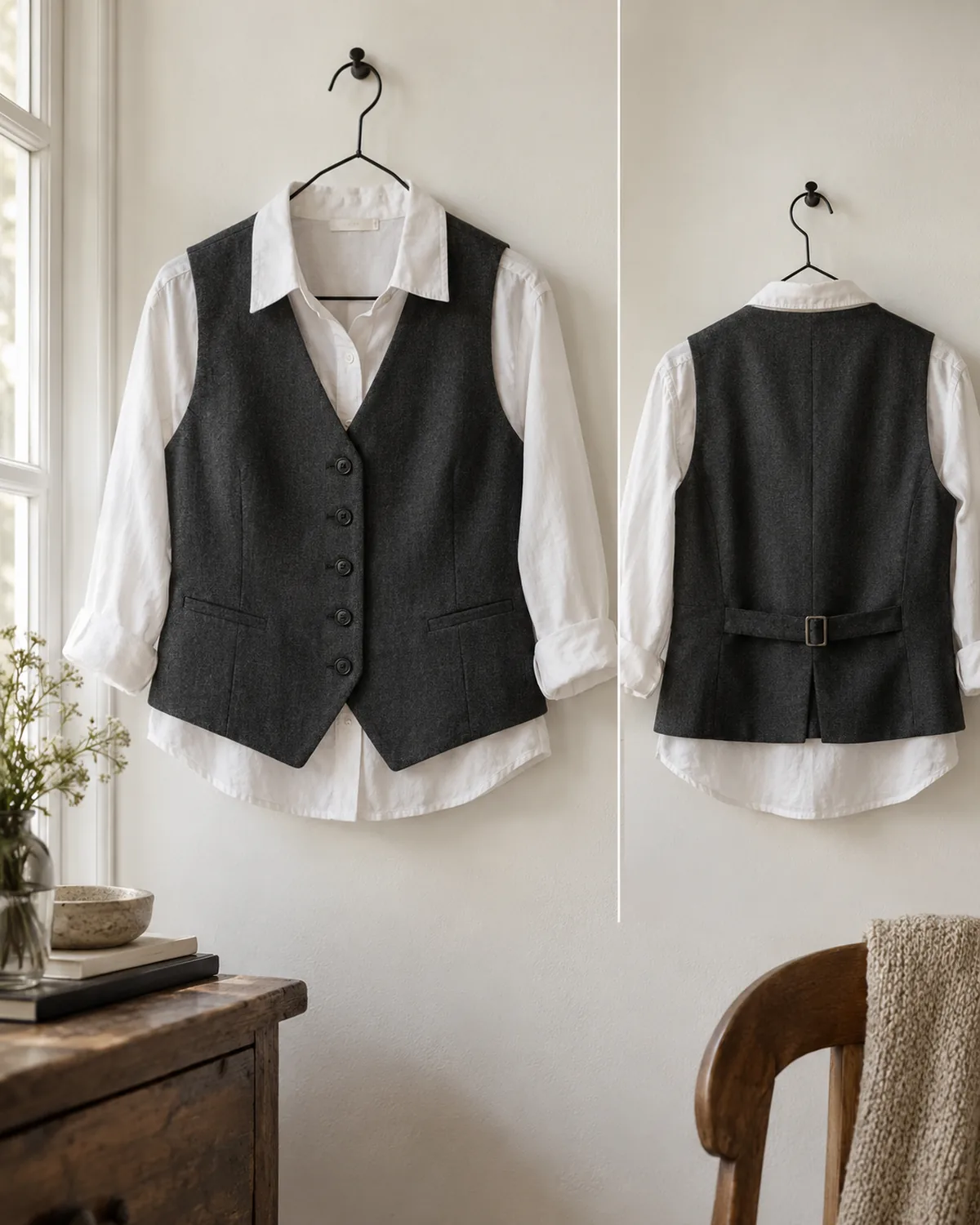 A dark tailored vest and a white button-front shirt hanging on a wooden hanger against a plain wall
