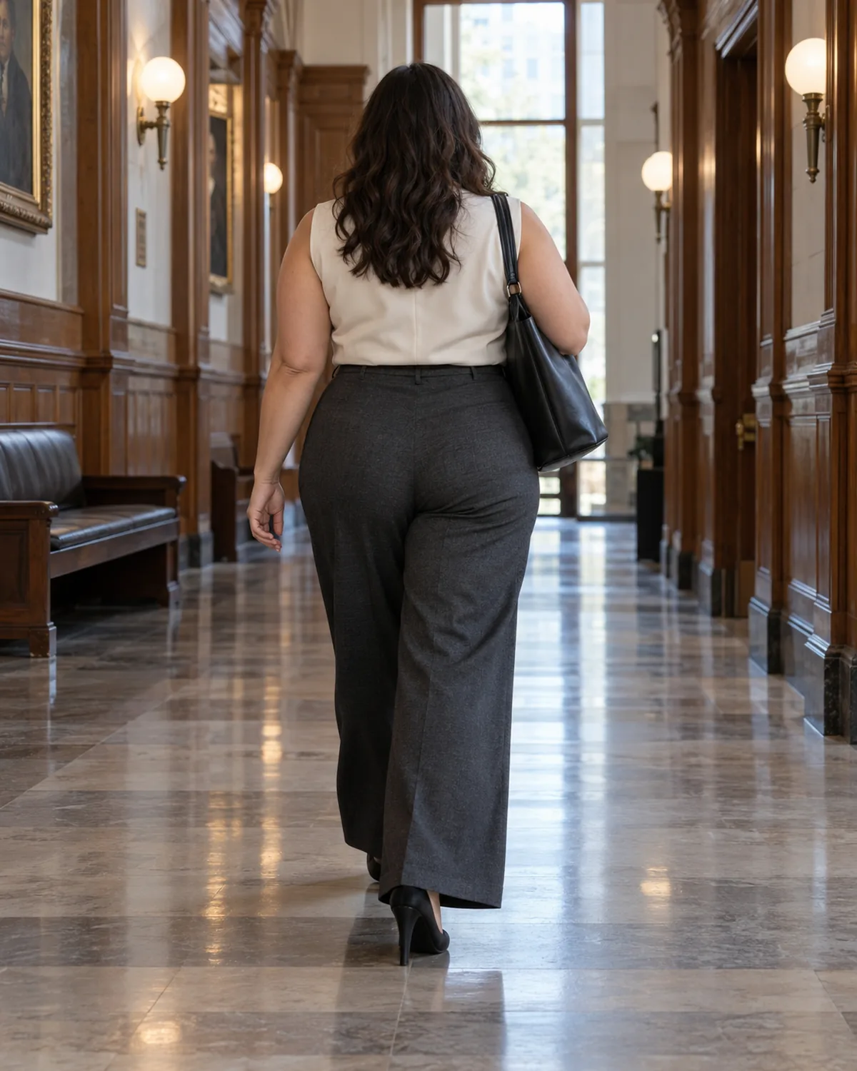A plus size woman walking away down a courthouse corridor, seen from behind, wearing wide-leg trousers and a fitted ivory shell with a tote bag on one shoulder