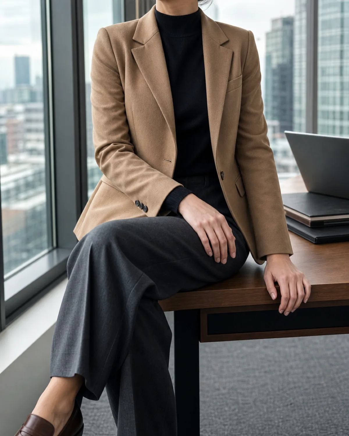 A woman seated at a desk edge in a glass-walled corner office, wearing a camel blazer over a black mock-neck knit and charcoal wide-leg trousers, with a city skyline behind her