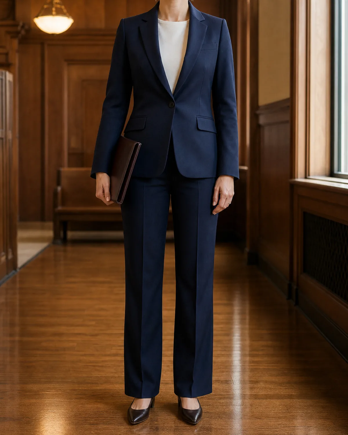 A woman standing straight-on in a navy single-breasted pantsuit with an ivory crewneck shell, holding a dark leather portfolio, in a wood-panelled anteroom with warm pendant lighting