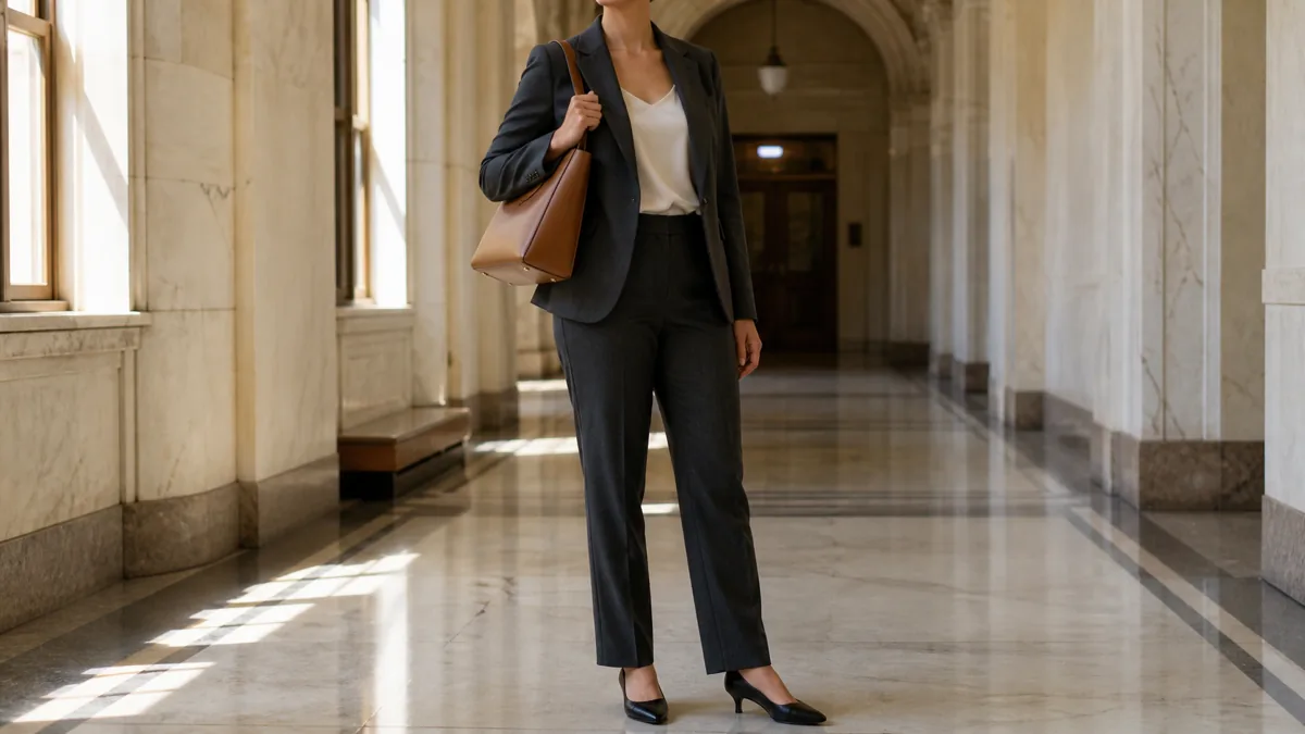 A woman in a charcoal pantsuit and cream shell standing in a marble courthouse corridor with a tan leather bag on her shoulder