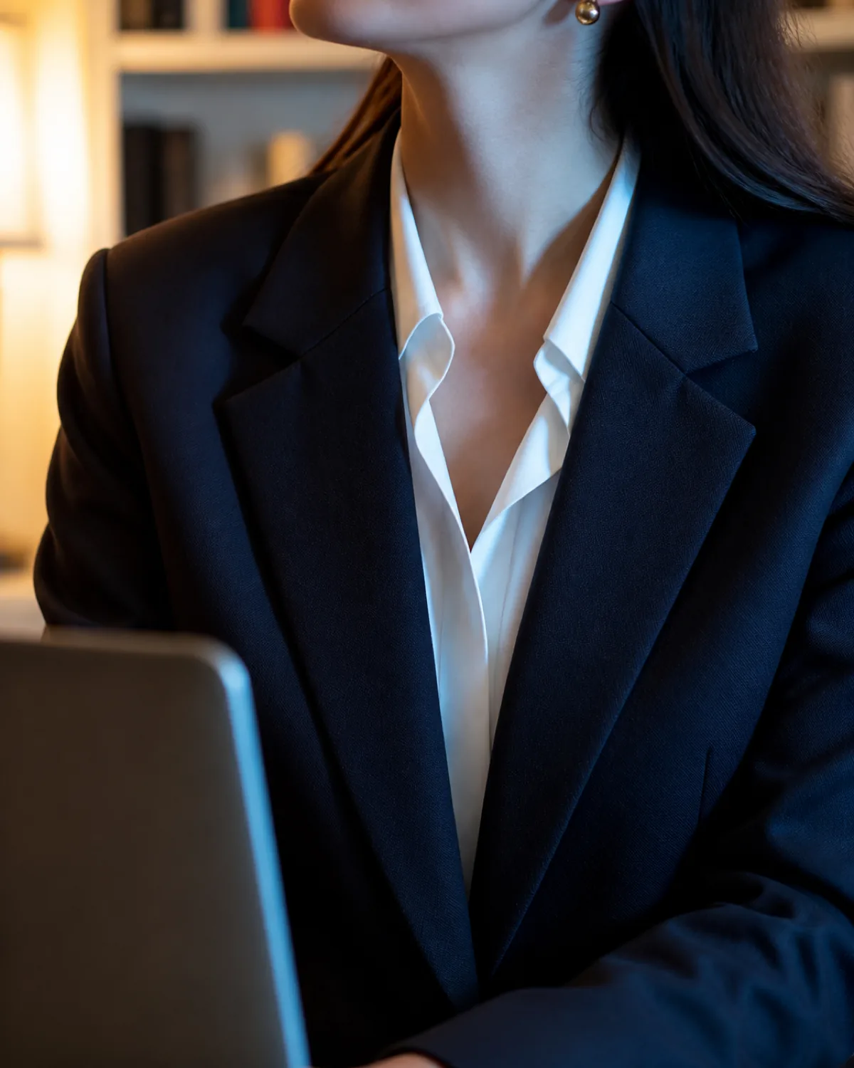 Close crop on a navy blazer lapel and white collared blouse at a home desk, with warm lamp light from the left and cool laptop screen light from the front, a bookshelf blurred behind