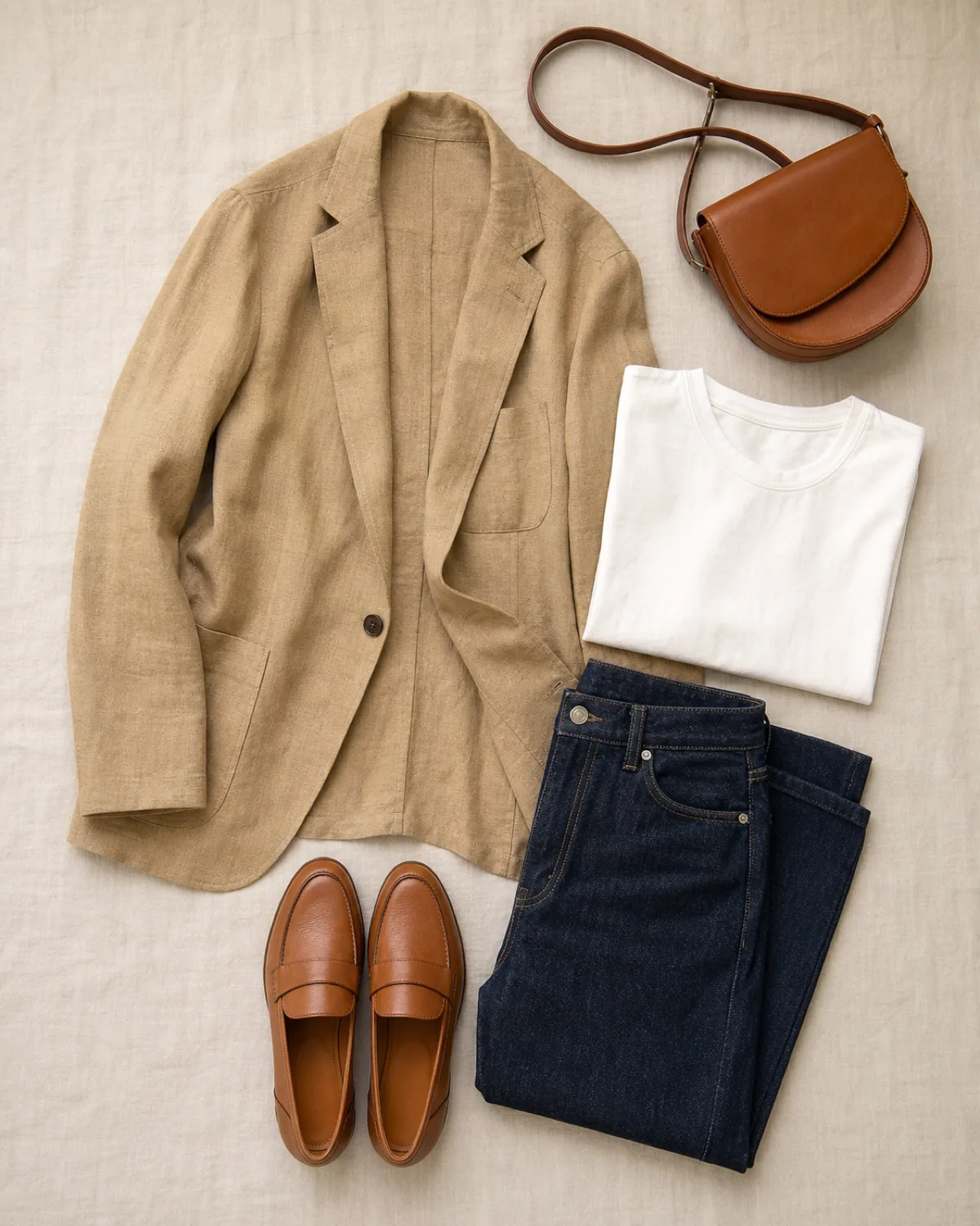 An overhead flat-lay on light linen: a tan linen unstructured blazer laid open, a folded white crew-neck tee, dark indigo straight-leg jeans folded at the waist, tan leather penny loafers, and a brown leather crossbody saddle bag