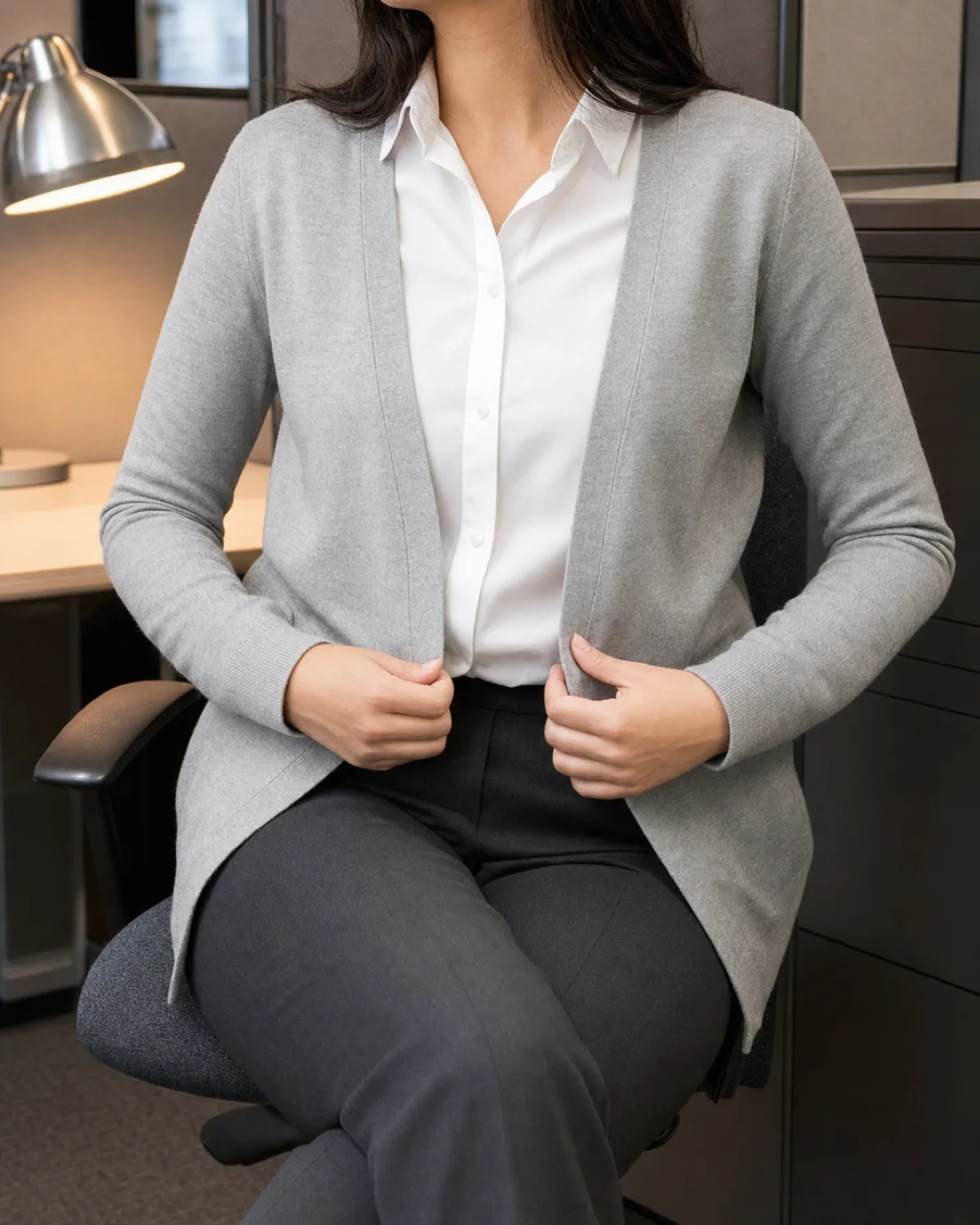 A woman seated in an office chair in a cubicle area, adjusting the hem of a light grey open-front cardigan over a white button-down shirt and dark charcoal trousers, with a desk lamp and grey partition wall behind her