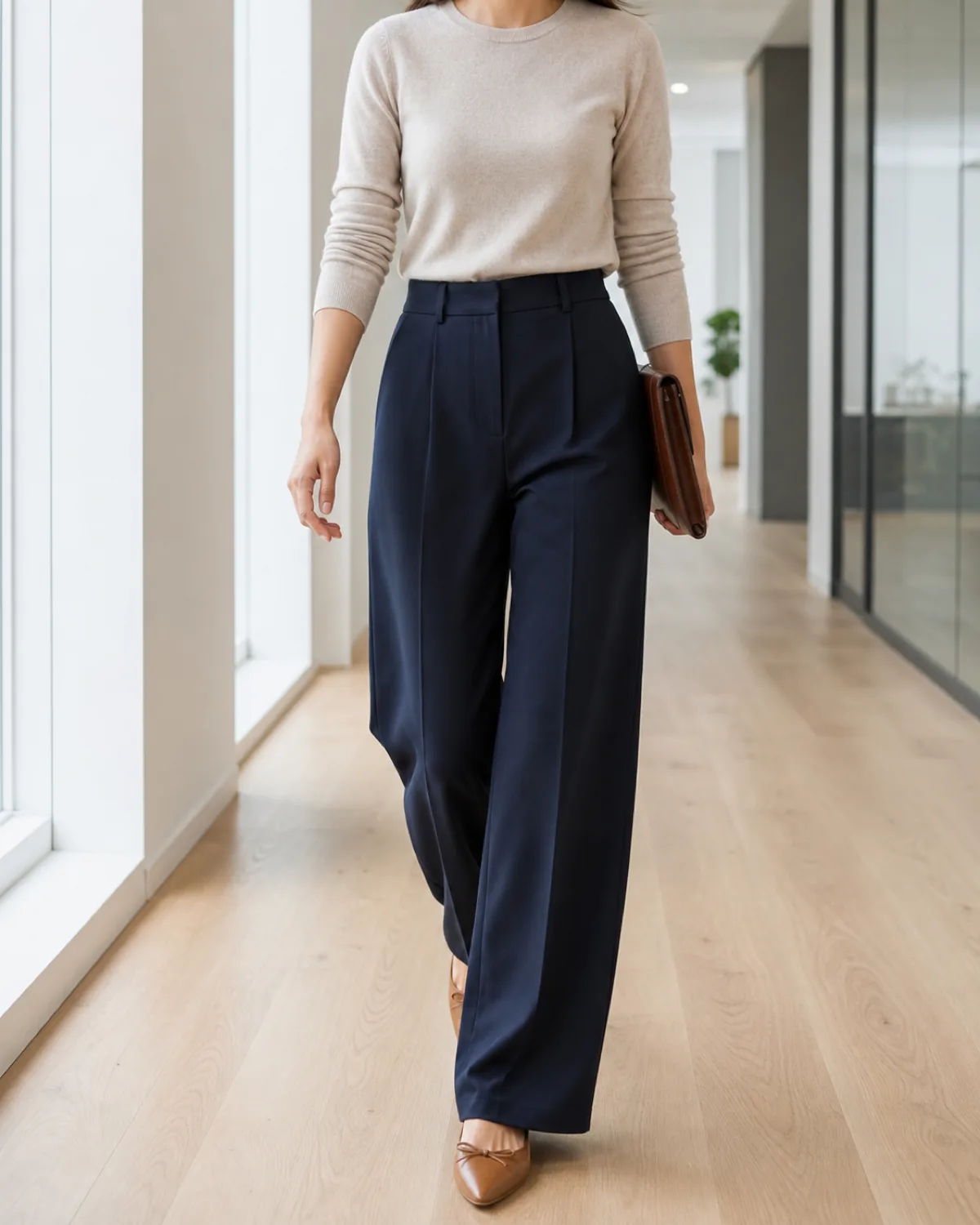 A woman walking mid-stride in a modern office hallway, wearing an oatmeal fine-knit crewneck tucked into navy wide-leg high-waisted trousers, carrying a brown leather folio in one hand