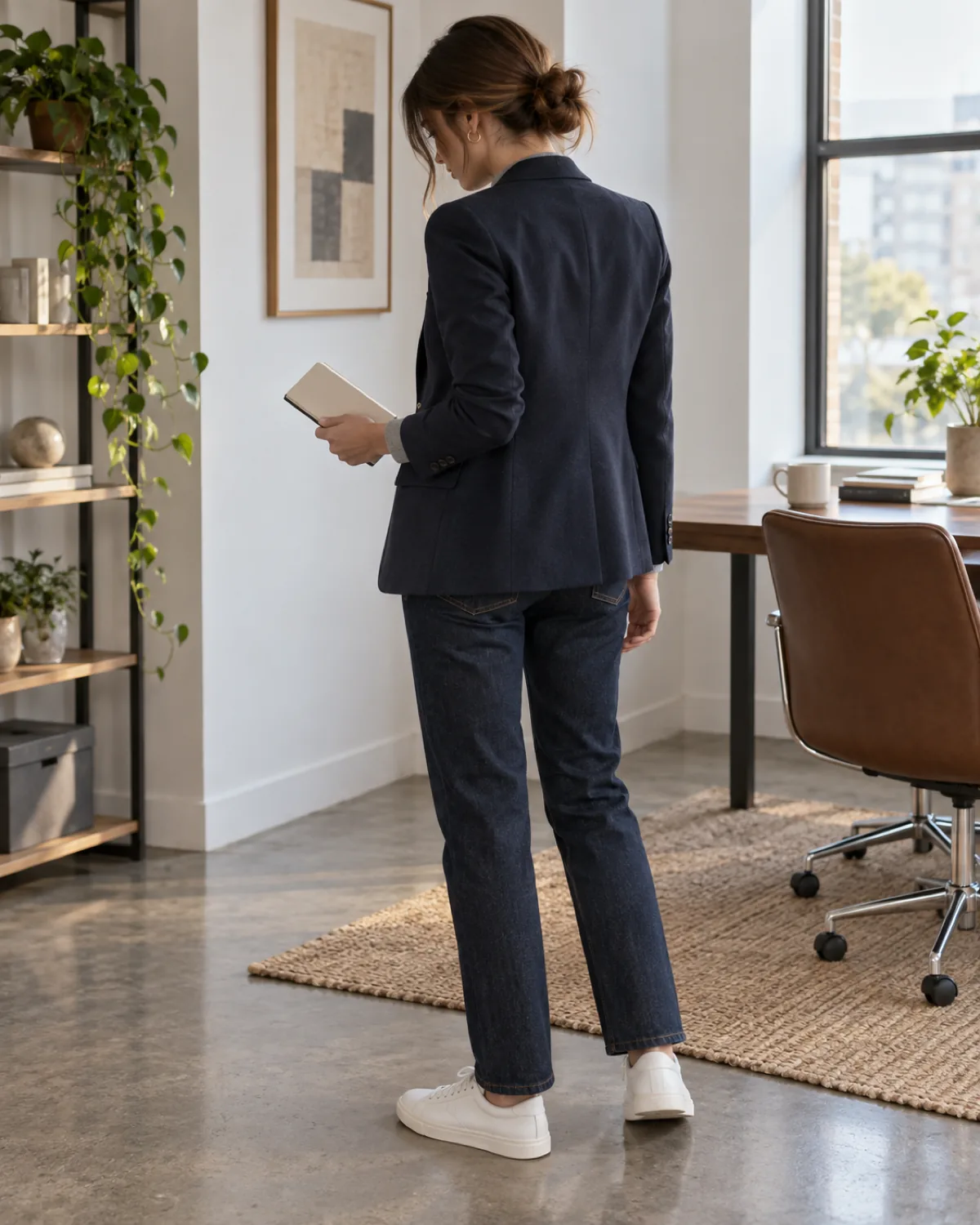 A woman seen from a back three-quarter angle in a modern office, wearing a navy blazer over a grey crewneck top with dark indigo straight-leg jeans and white leather sneakers, holding a notebook and looking downward