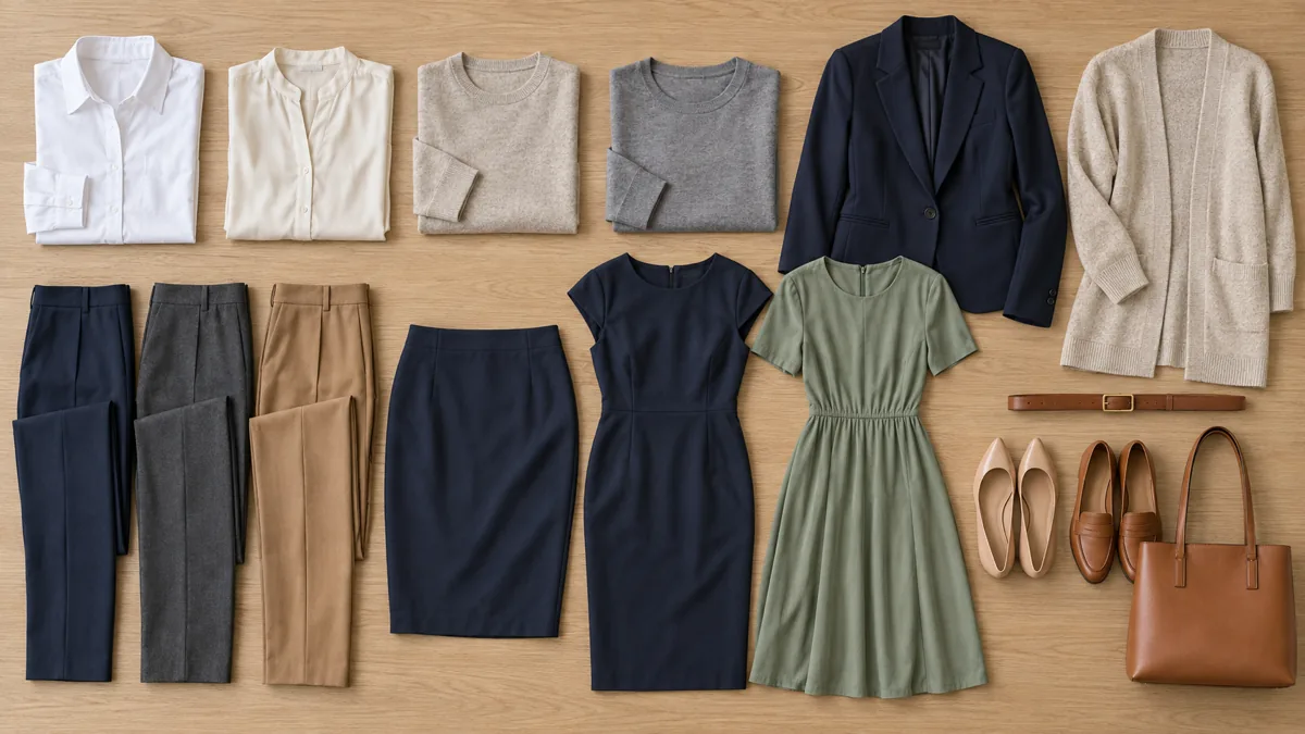 Overhead flat-lay of fifteen women's office wardrobe pieces arranged on a light oak surface including navy blazer, charcoal and camel trousers, sheath dress, sage midi dress, sweaters and flats