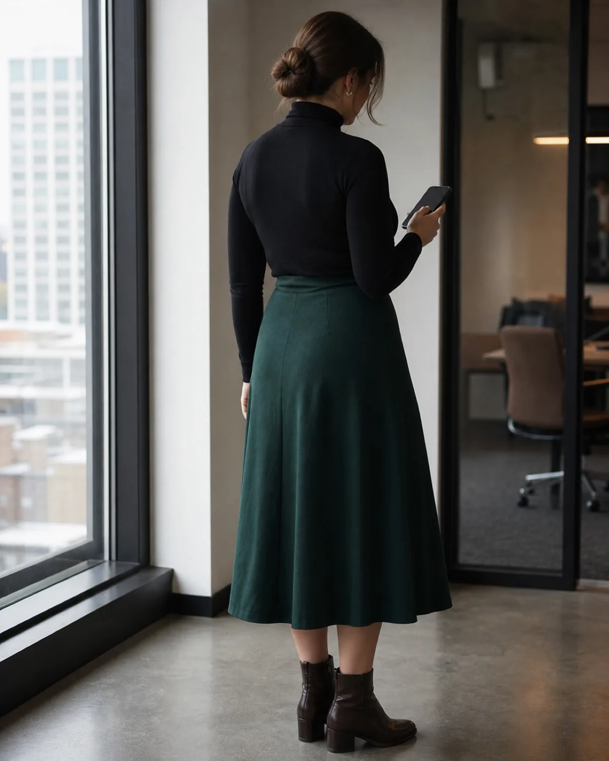 A woman in a black A-line midi skirt and a fitted ivory ribbed turtleneck, standing with arms at her sides against a blurred office window, with black low-heel ankle boots