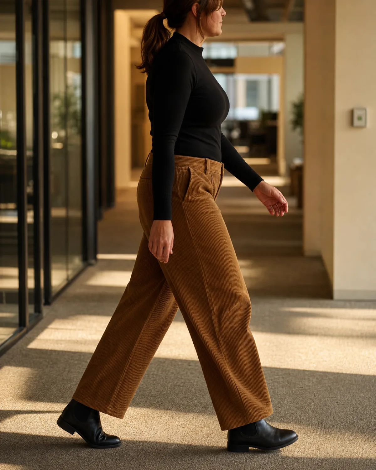A woman walking through an office corridor in profile wearing a black fitted mock-neck top, camel wide-wale corduroy wide-leg trousers, and black Chelsea boots with a low ponytail