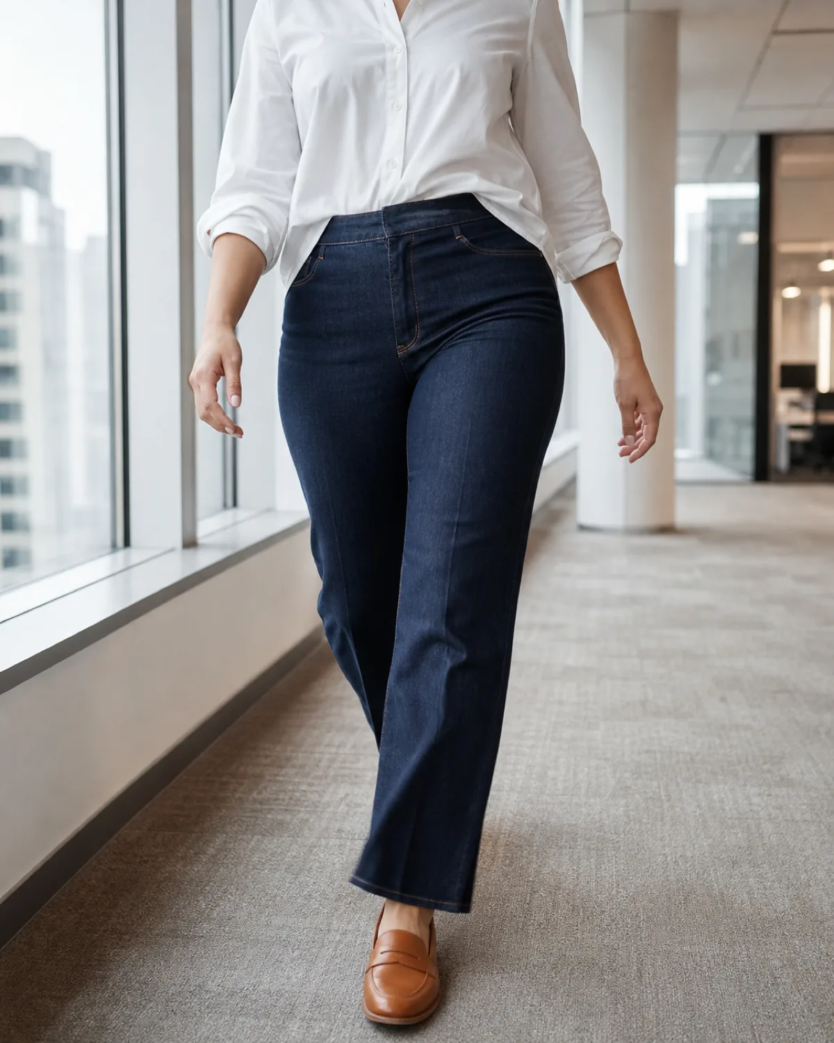 A flat-lay of dark indigo straight-leg jeans, a white cotton button-down shirt, brown leather penny loafers, and a brown leather watch on a pale linen surface