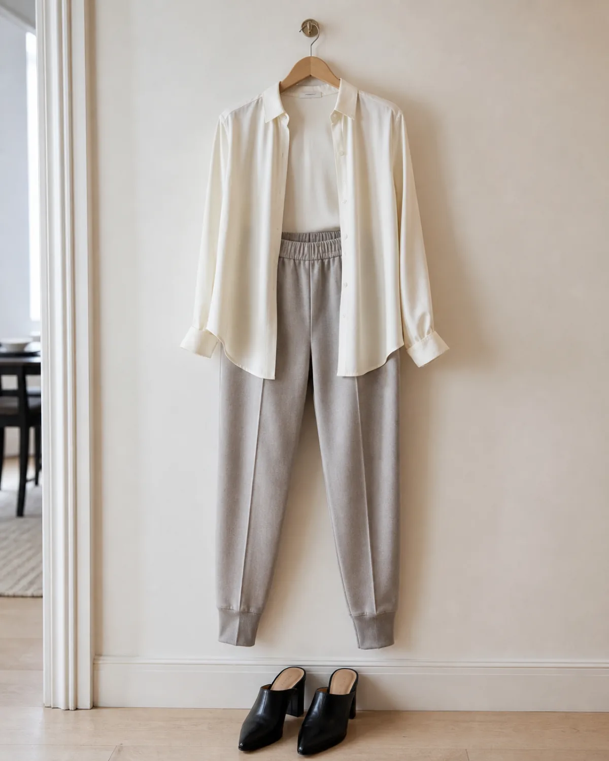 An ivory silk button-down shirt draped on a wooden hanger alongside grey tapered jogger trousers with an elasticised ankle cuff and a pressed crease, with black heeled mules below