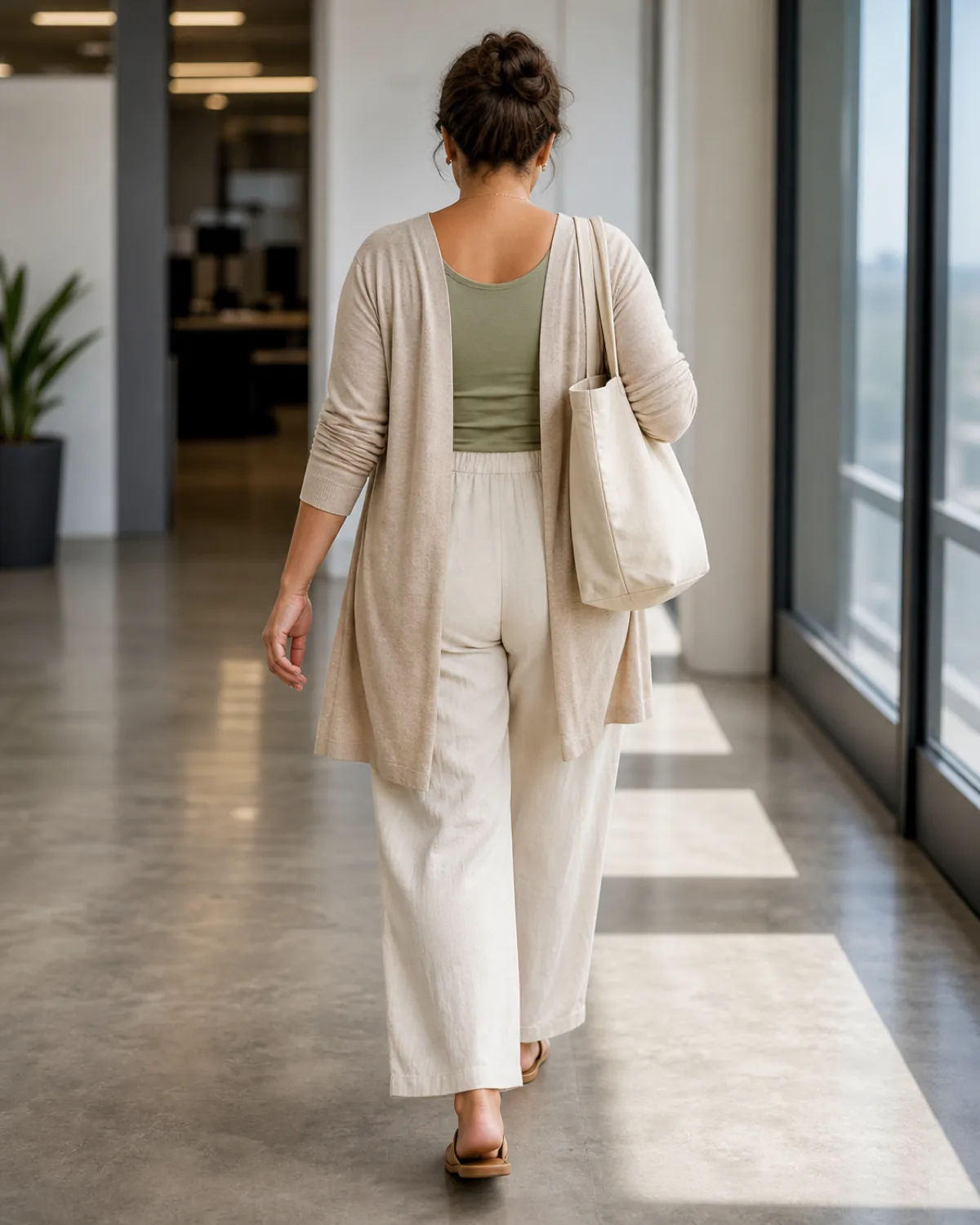 A wooden hanger displaying ivory linen-blend wide-leg trousers, a fitted olive scoop-neck tee, and a long oatmeal open-front cardigan draped over one shoulder, against a white wall