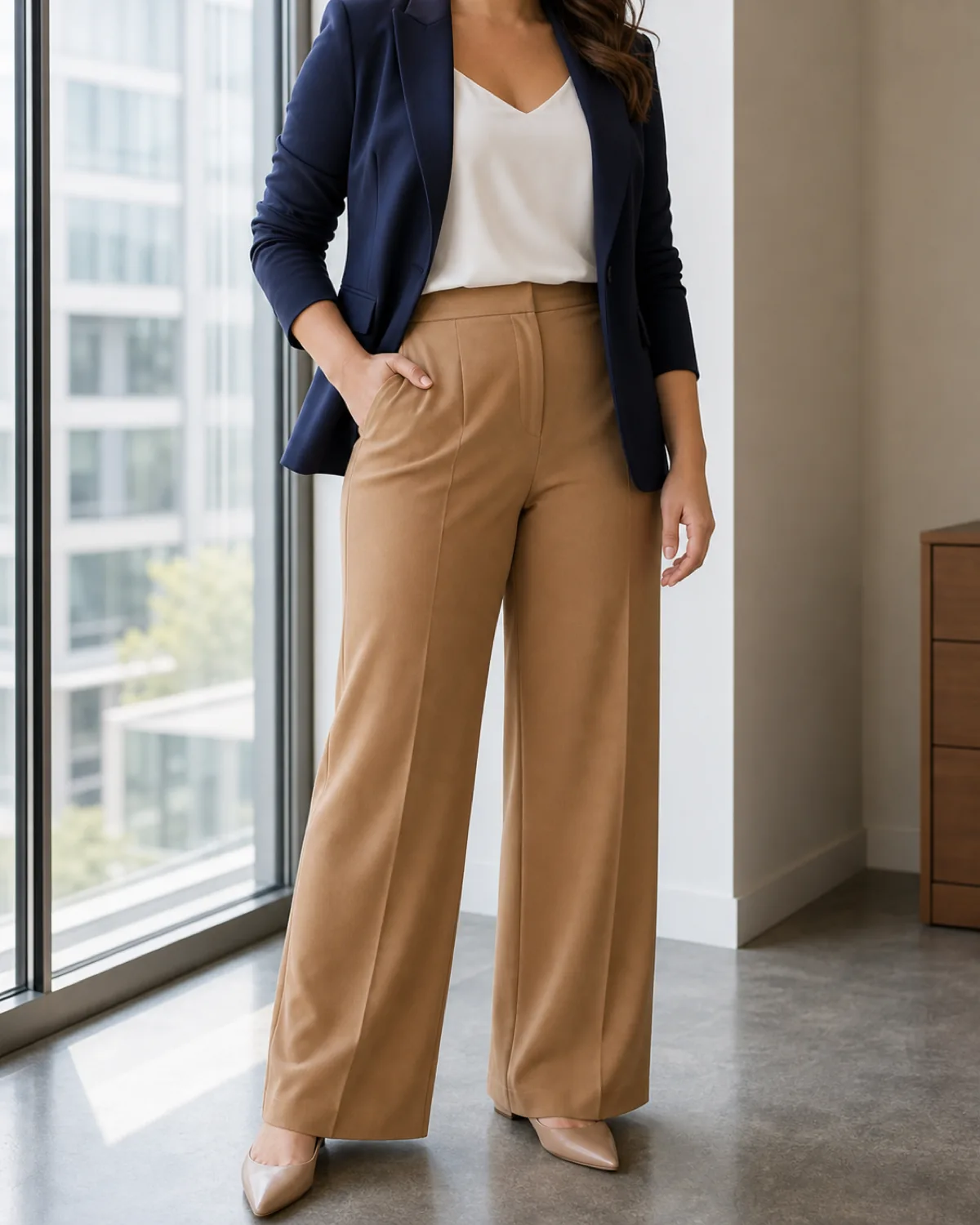 A woman in a black ponte blazer over a cream silk camisole with navy wide-leg trousers, standing with one hand on a pale wood desk against a white wall