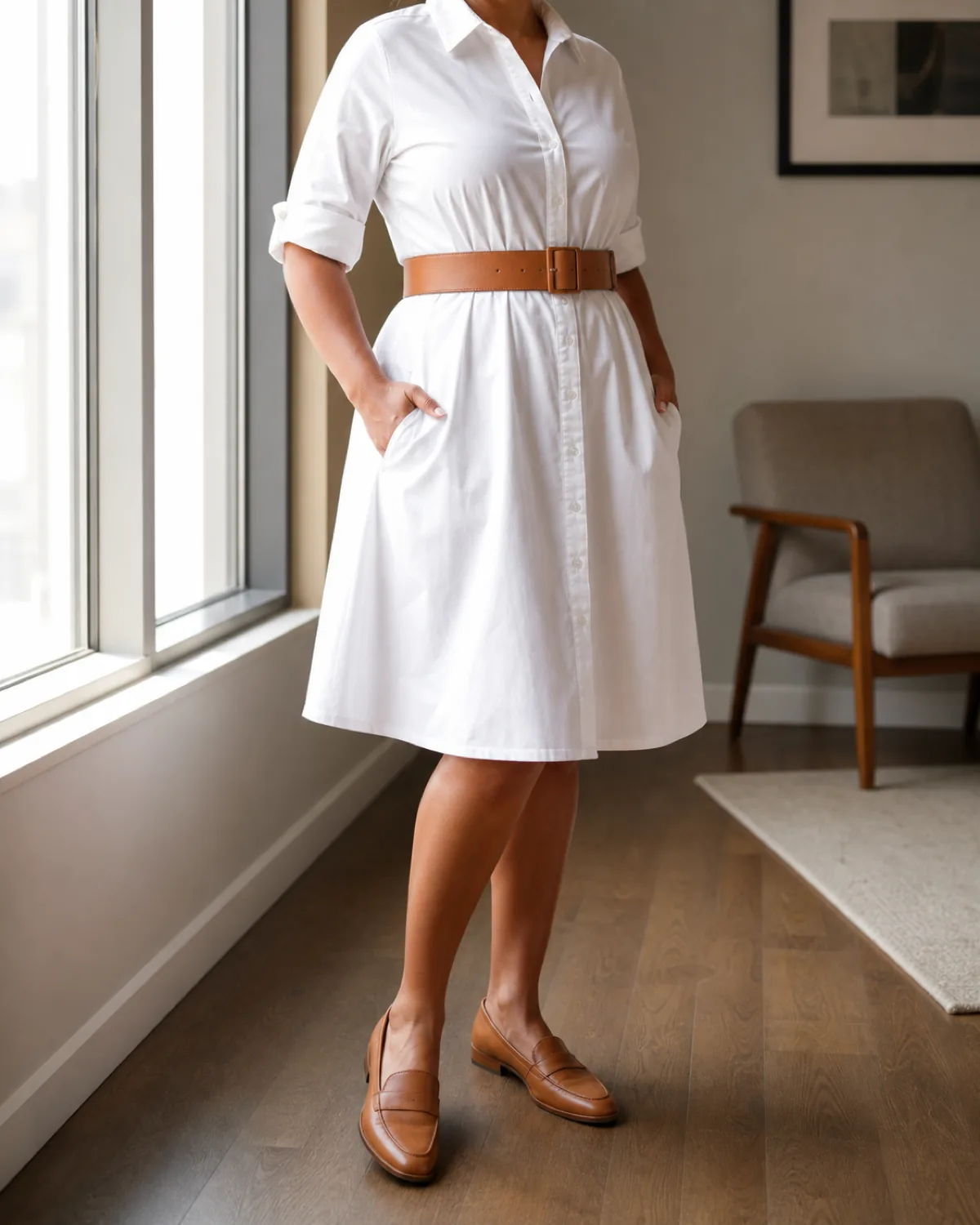 A woman in a white cotton shirt dress with a collar and button-front, a cognac wide belt at the waist creating a defined A-line, hands in pockets, cognac loafers on hardwood floor