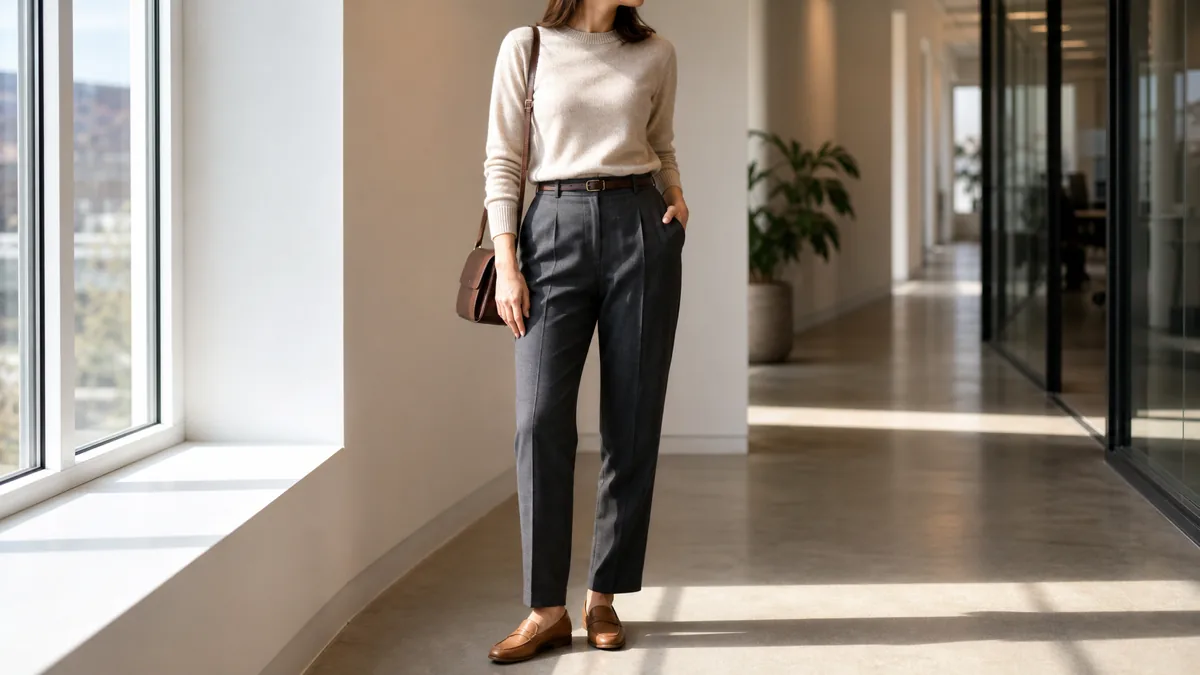 A woman in an oatmeal crewneck knit and charcoal tailored trousers with tan loafers standing in a bright office corridor