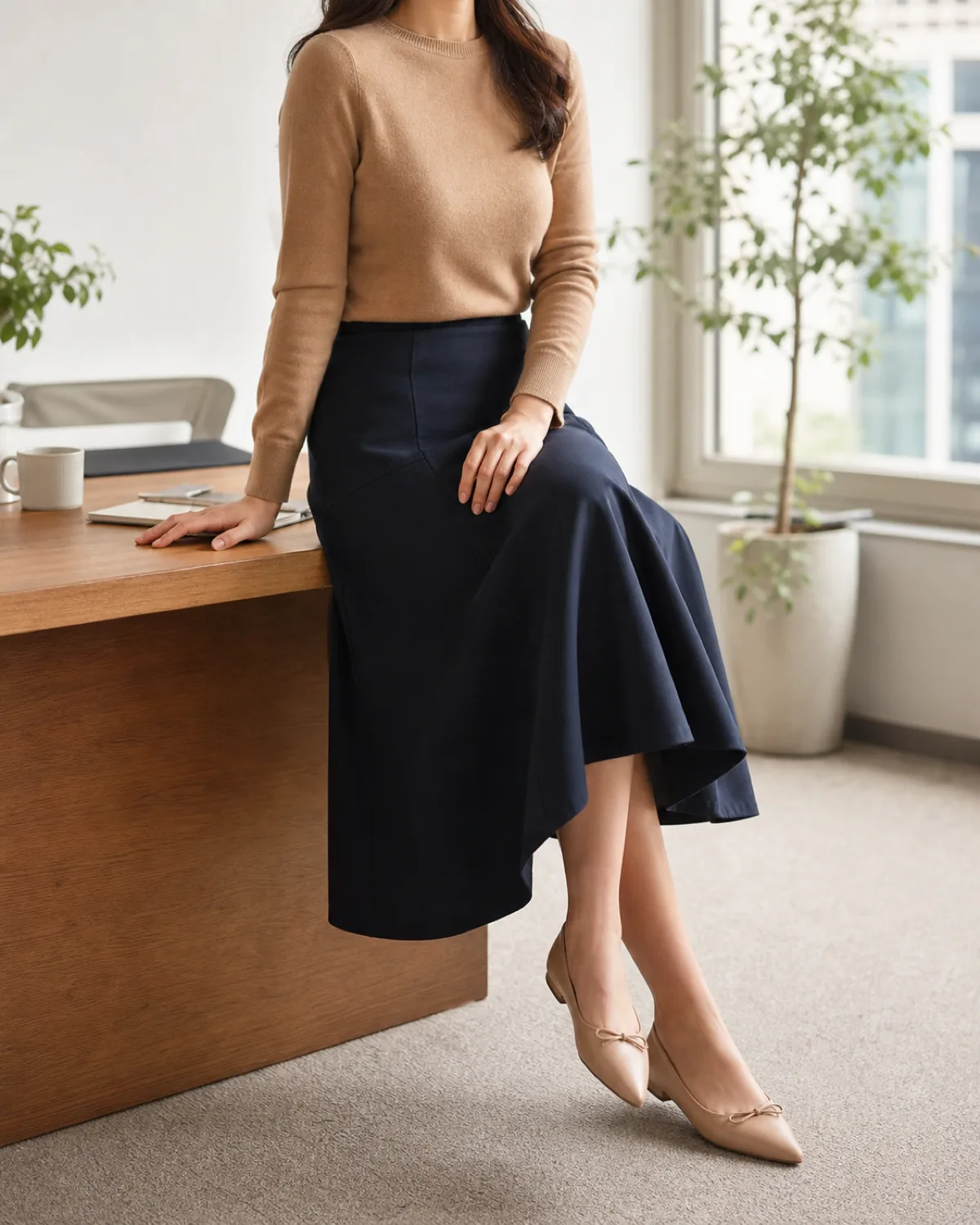 A woman seated at a desk edge in a camel fine-knit crew top and dark navy A-line midi skirt with nude pointed-toe ballet flats