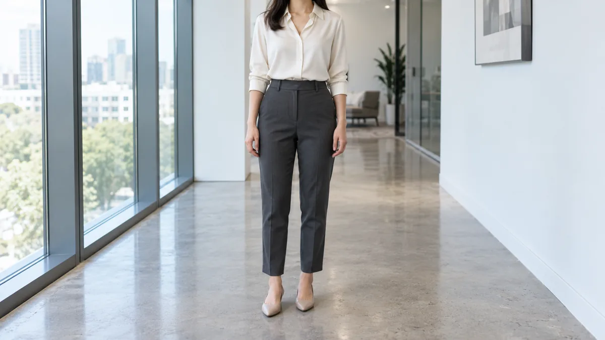 A woman standing in a modern office hallway wearing charcoal ankle trousers with a tucked cream blouse and nude pointed-toe flats with floor-to-ceiling windows and polished concrete floor