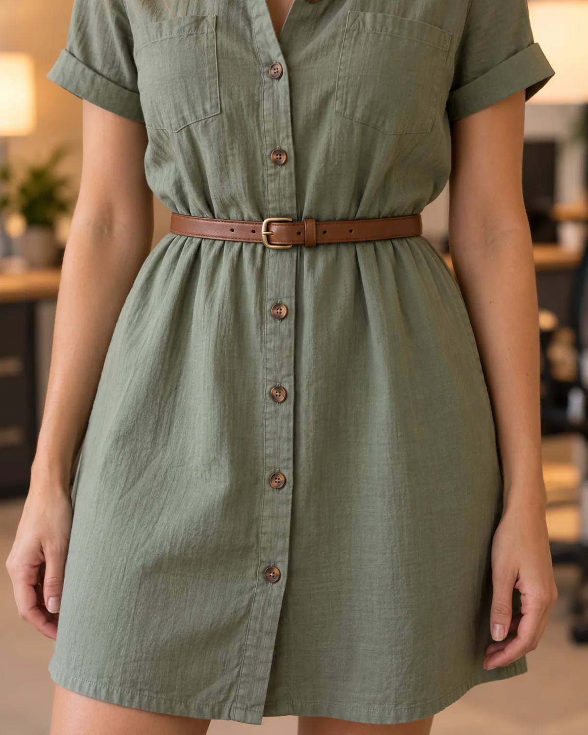 Close crop on the waist of a sage green cotton button-front shirt dress with a cognac leather belt cinched at the natural waist showing buttons and gathered fabric