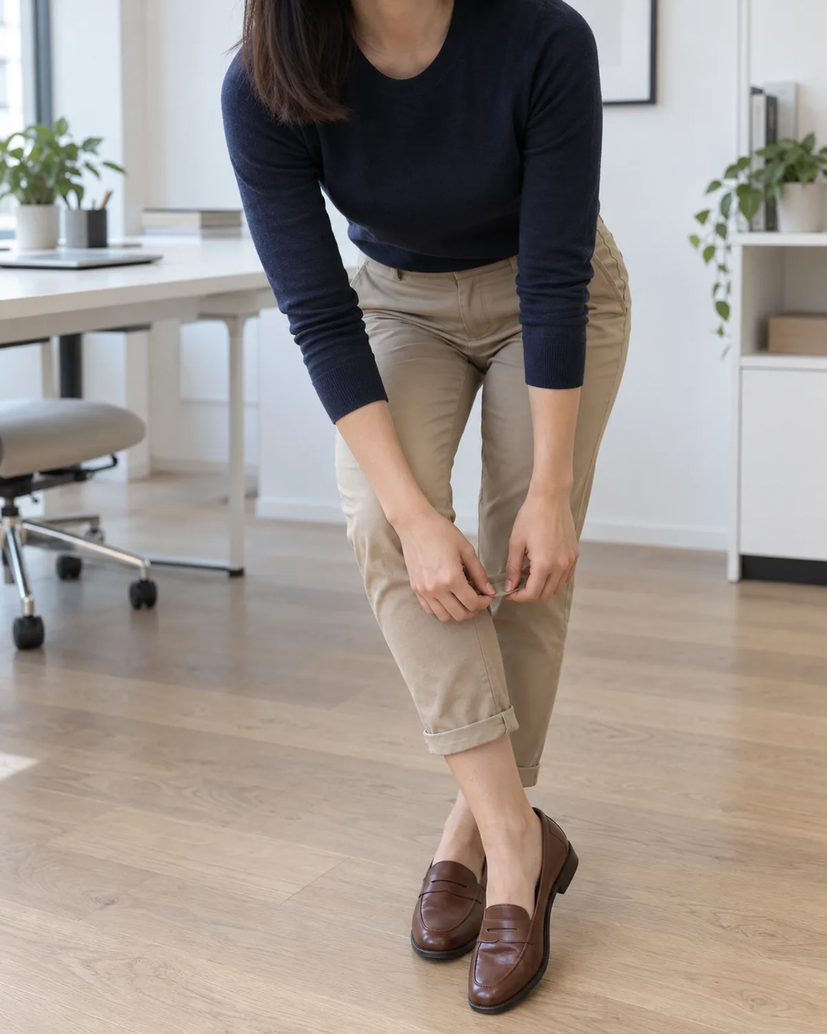 A woman bending to adjust the rolled cuff of her khaki slim chinos while wearing a navy crewneck knit and brown leather penny loafers on a light oak office floor