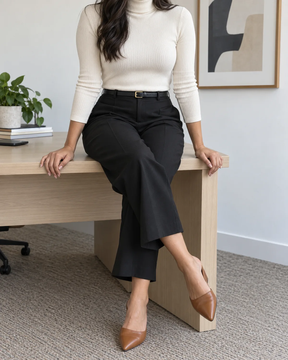 A woman seated on the edge of a light wood desk wearing black cropped wide-leg trousers with a fitted ivory ribbed turtleneck tucked in and a thin black leather belt at the waist with cognac pointed-toe shoes