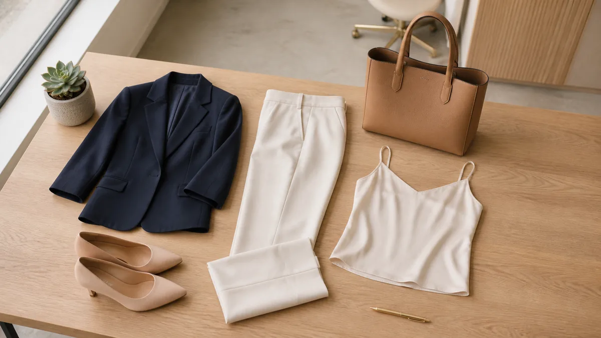 A flat-lay of a navy cropped blazer, ivory straight-leg trousers, nude pointed-toe pumps, a cream silk camisole, and a tan structured tote arranged on a light oak desk