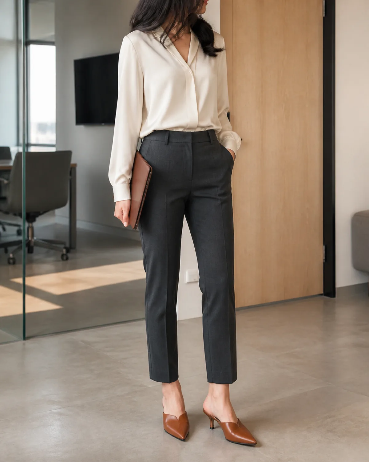 A petite woman standing in an office doorway wearing charcoal high-rise trousers, an ivory silk blouse tucked in, and cognac leather mules with a kitten heel, holding a leather folio